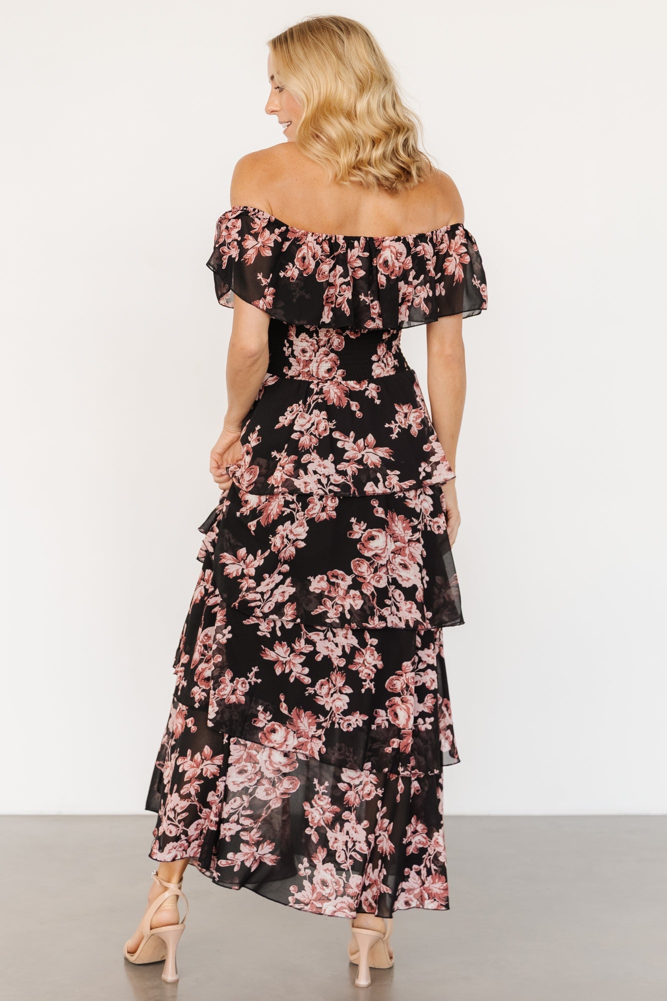 Carina Off Shoulder Maxi Dress | Black + Mauve Floral