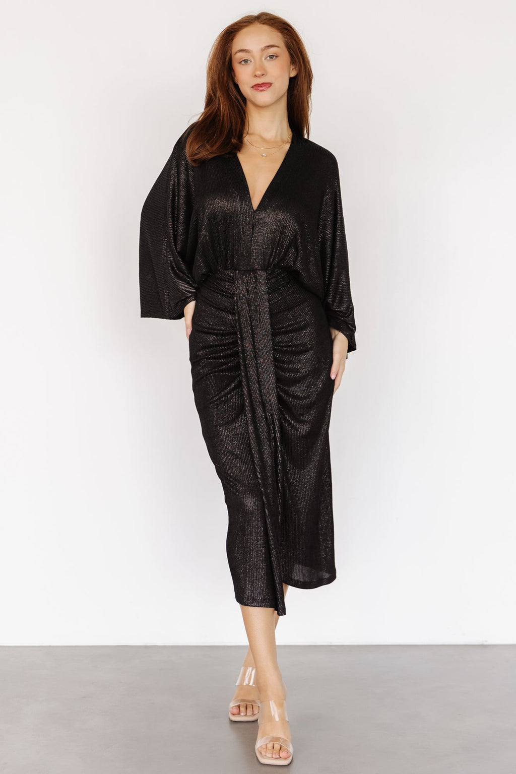 Ciara Ruched Midi Dress | Black Metallic
