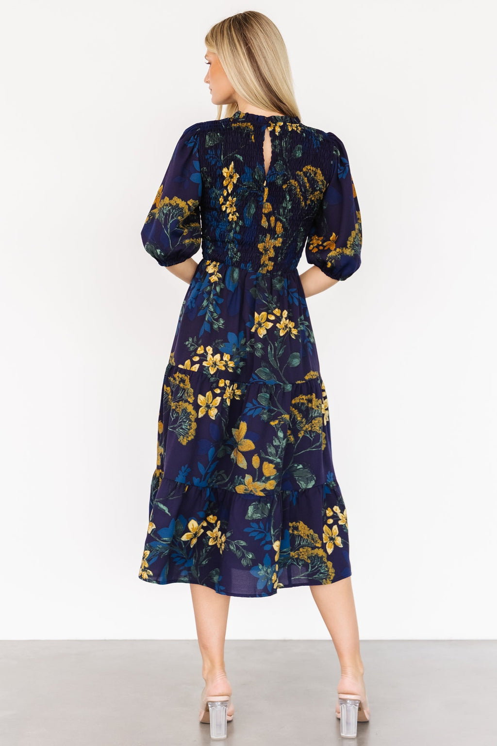 Lena Tiered Midi Dress | Navy + Gold Floral