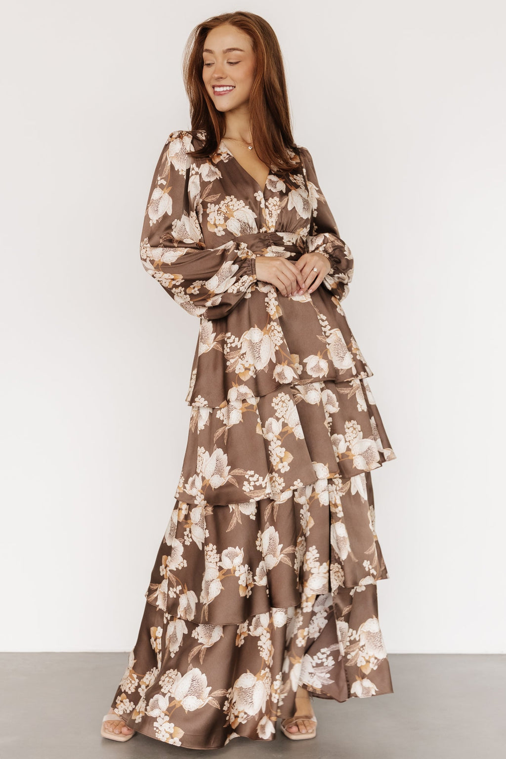 Montrouge Tiered Satin Dress | Mocha Floral