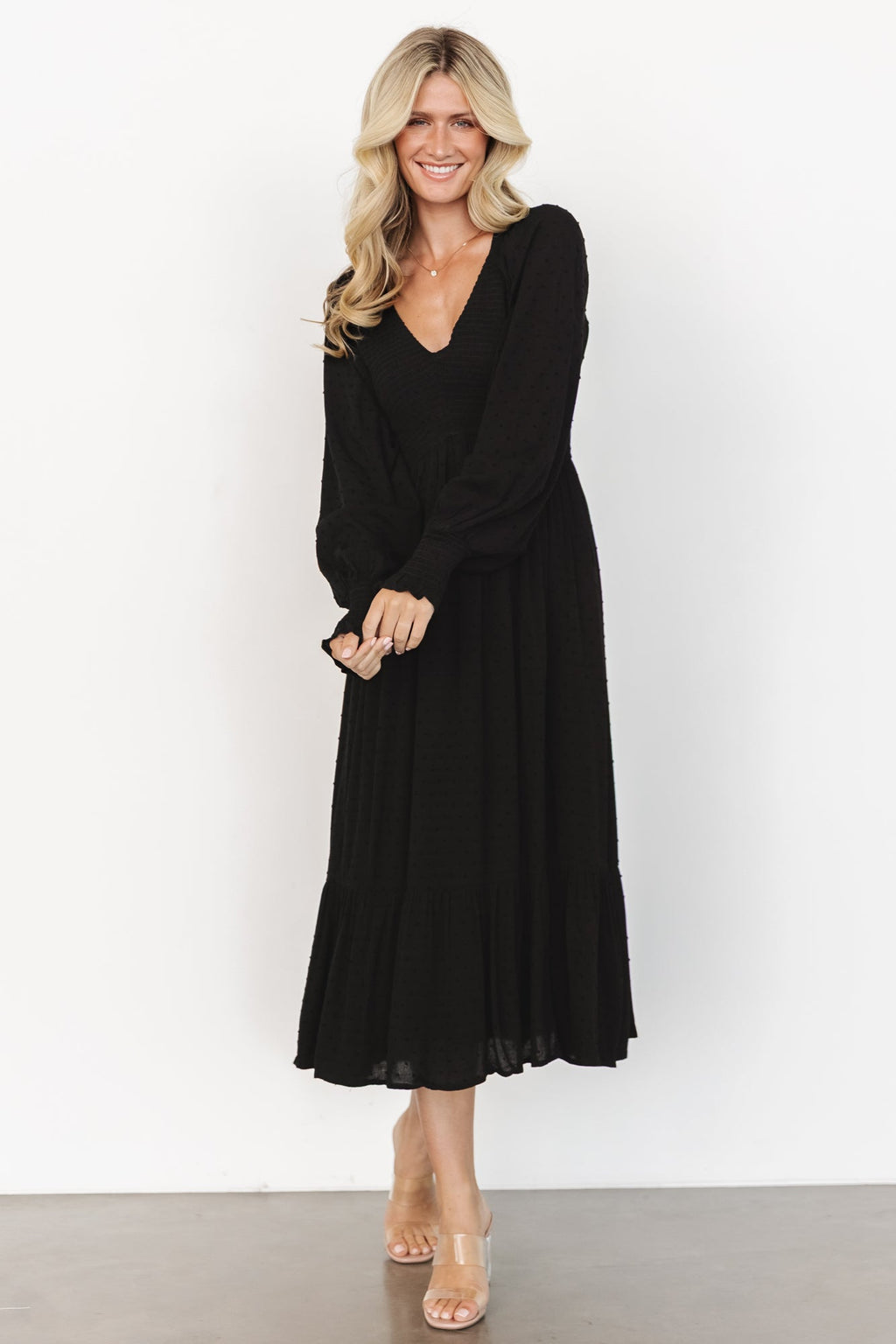 Lainey Smocked Dotted Midi Dress | Black