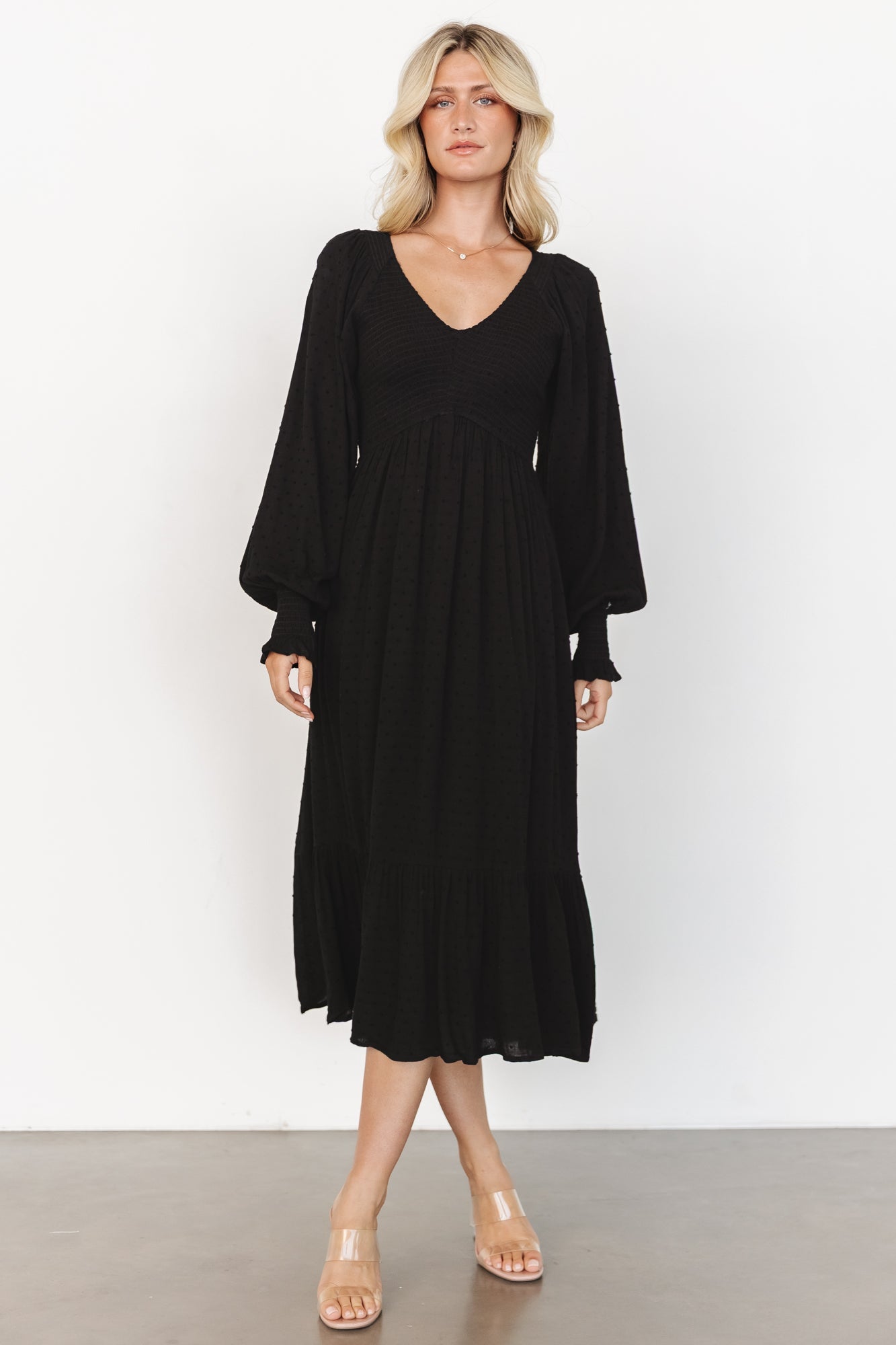 Lainey Smocked Dotted Midi Dress | Black