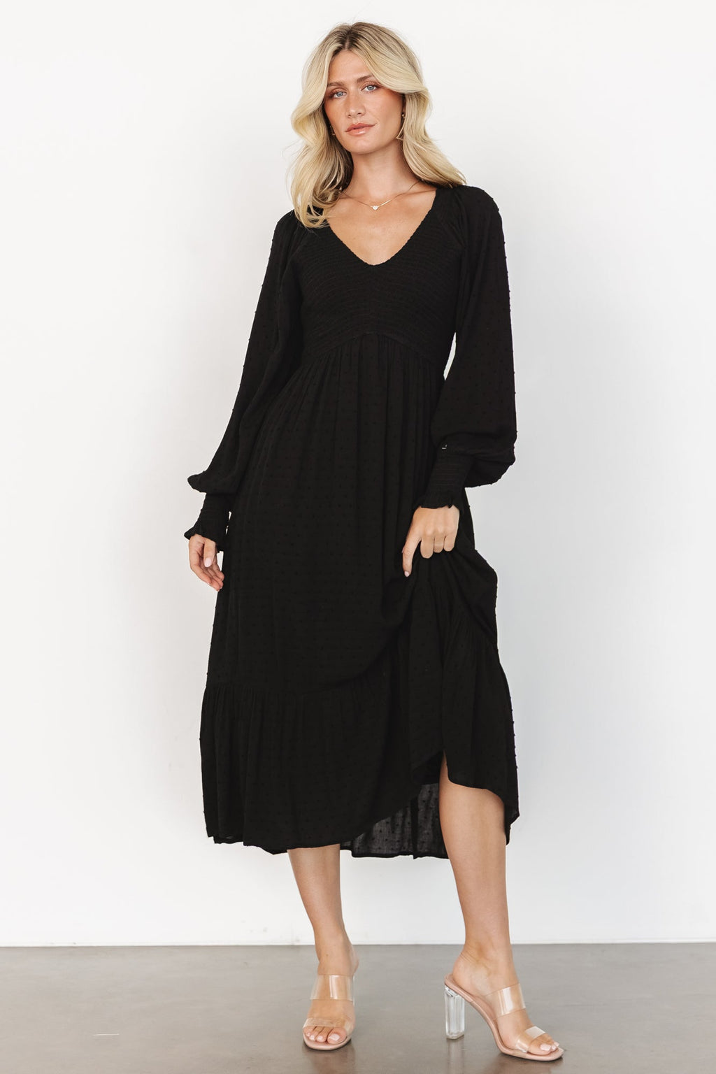 Lainey Smocked Dotted Midi Dress | Black