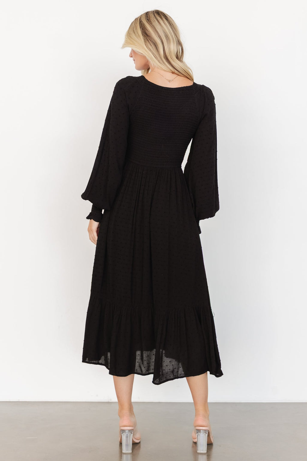 Lainey Smocked Dotted Midi Dress | Black