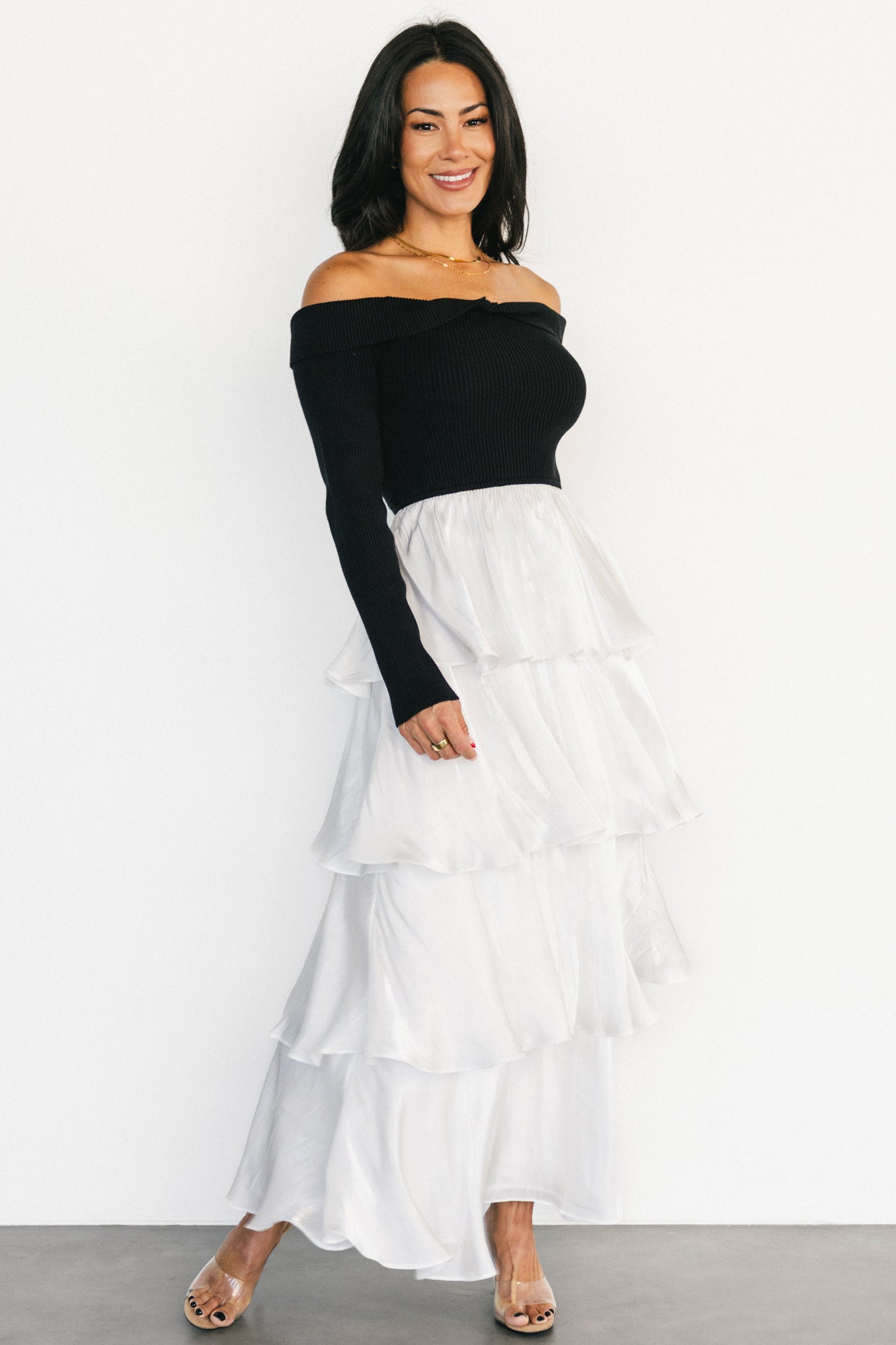 Maelie Tiered Maxi Dress | Black + White