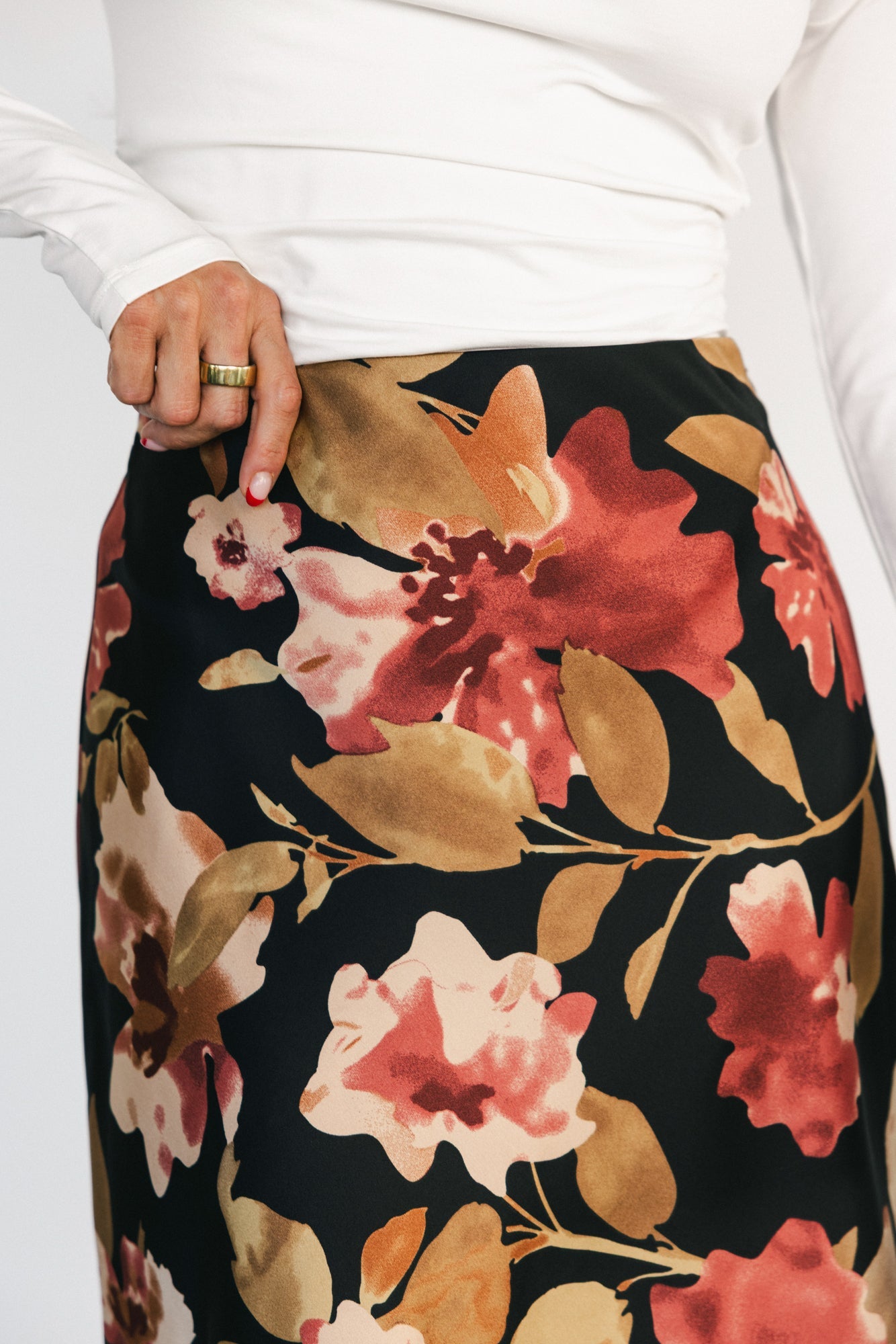 Cosette Satin Midi Skirt | Black Floral