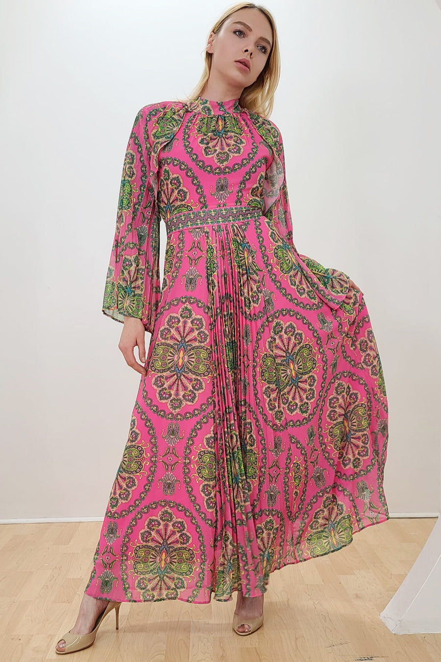 Long Sleeve Pleated Printed Chiffon Dress