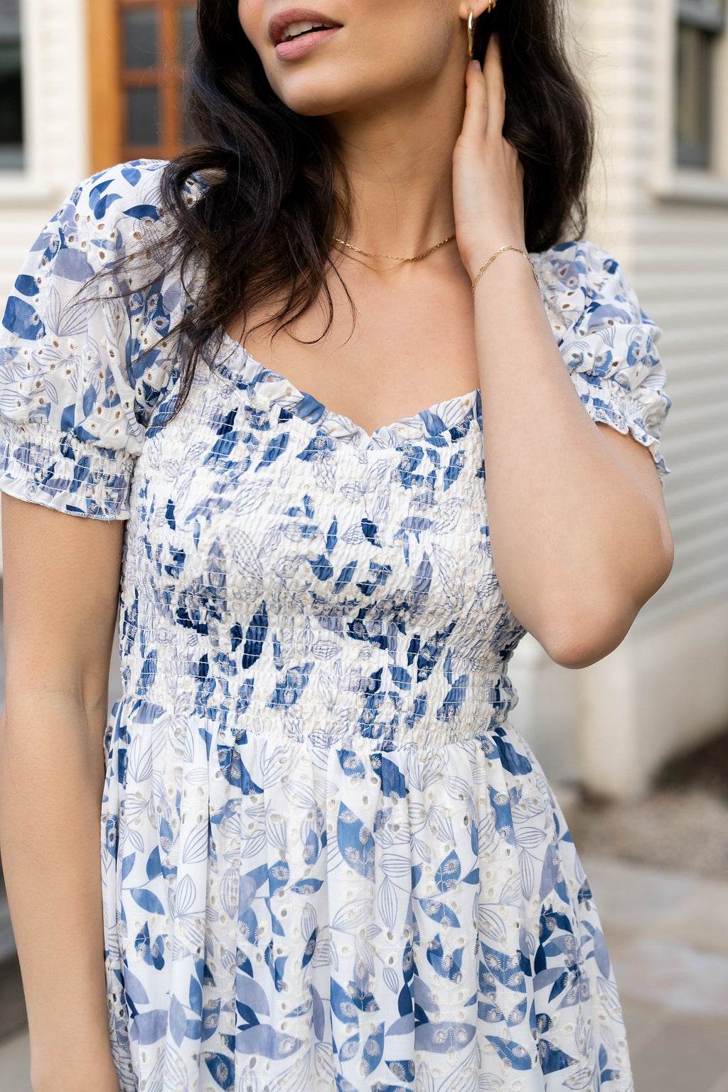 Piper Eyelet Midi Dress | Off White + Blue Floral