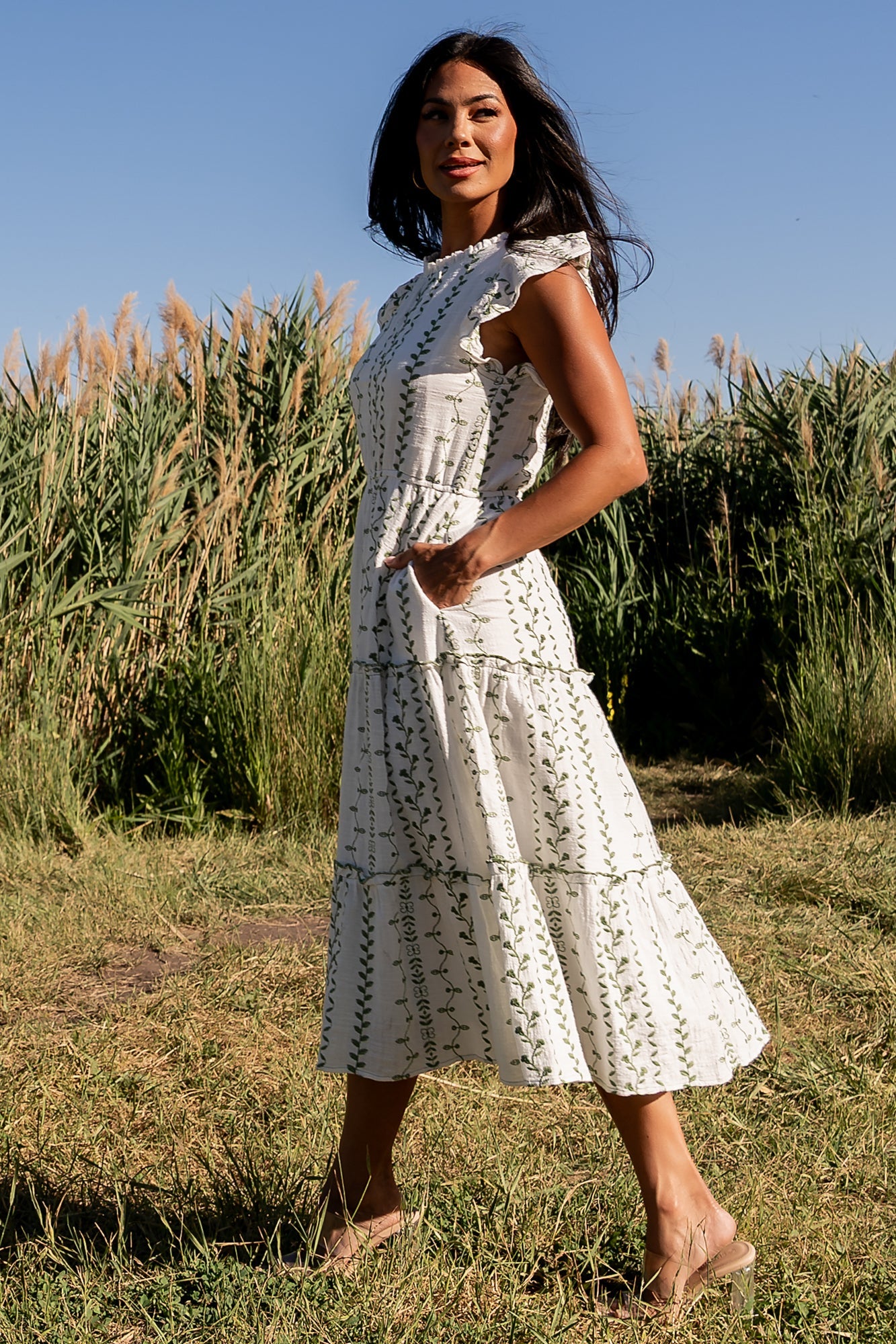 Frida Embroidered Midi Dress | White + Green Print