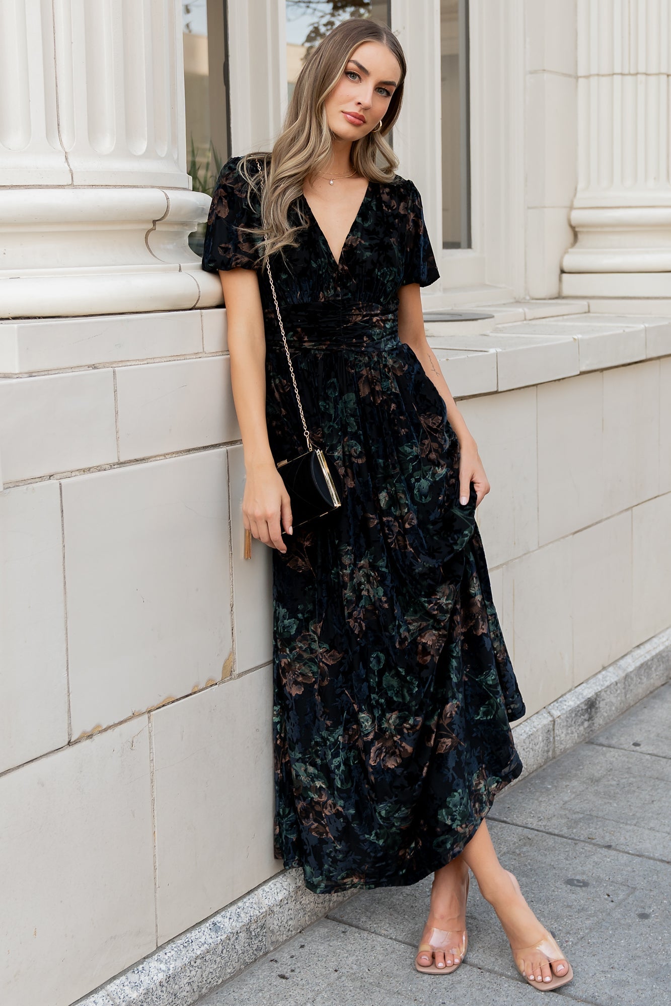 Leslie Velvet Maxi Dress | Black + Deep Jade Floral