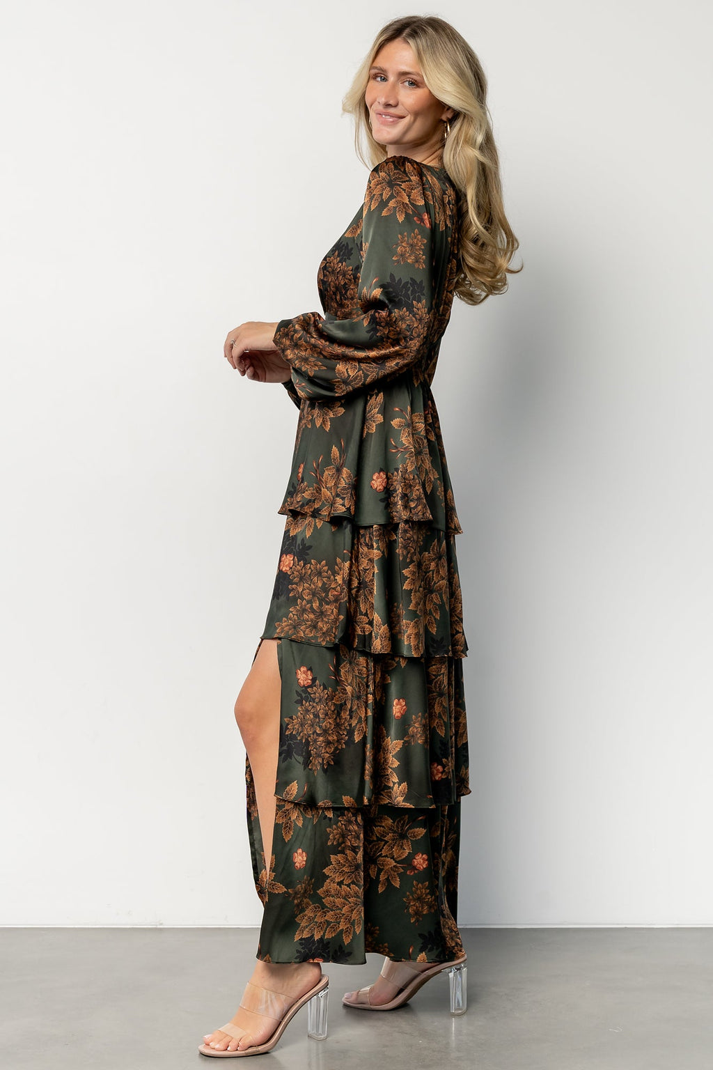 Montrouge Tiered Satin Dress | Olive Floral