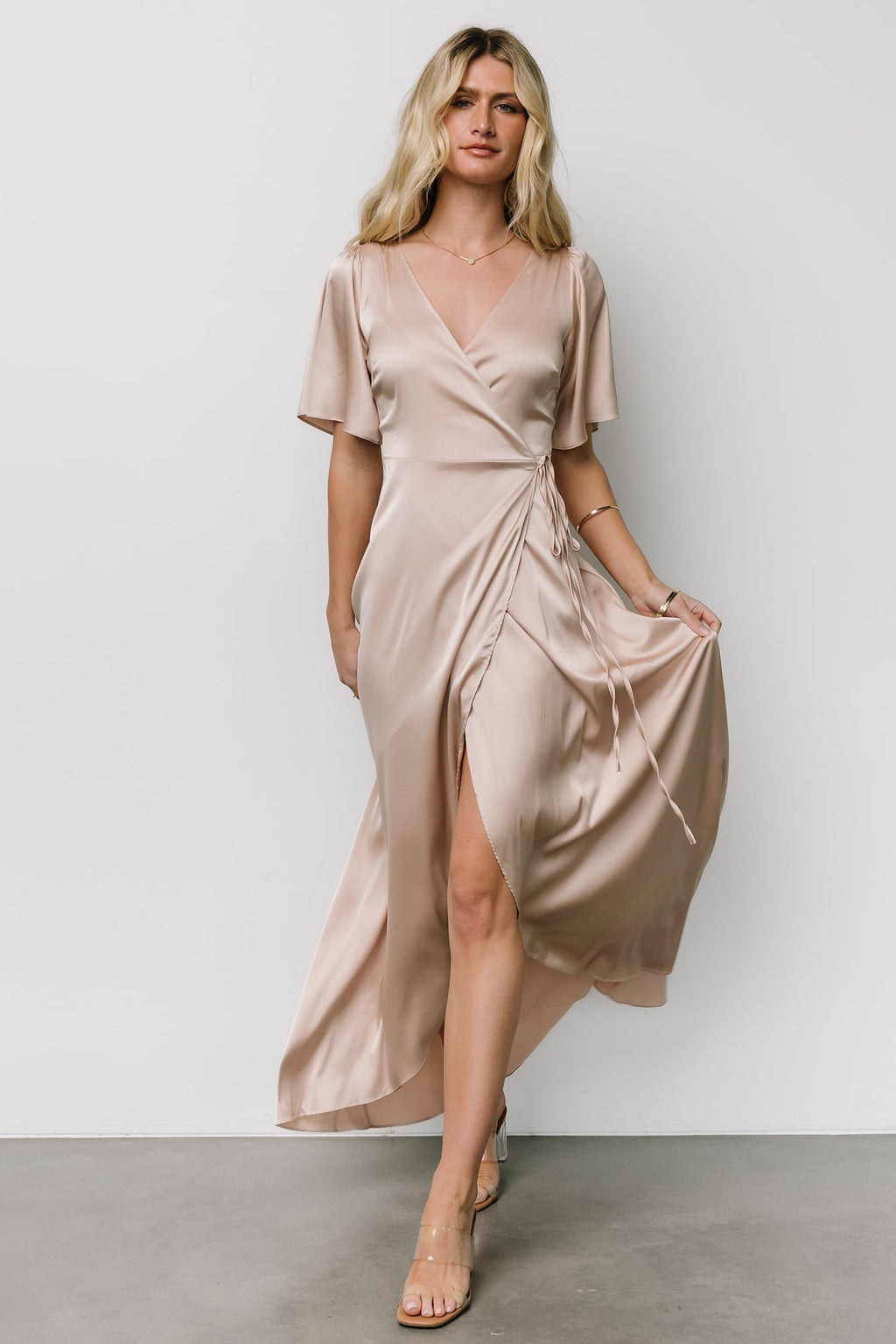 Vara Satin Maxi Wrap Dress | Champagne
