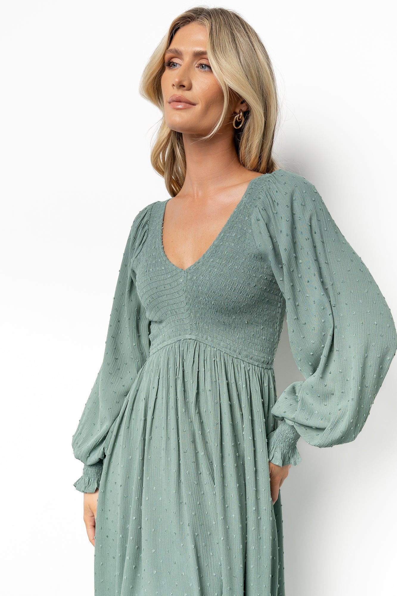 Lainey Smocked Dotted Midi Dress | Dark Sage