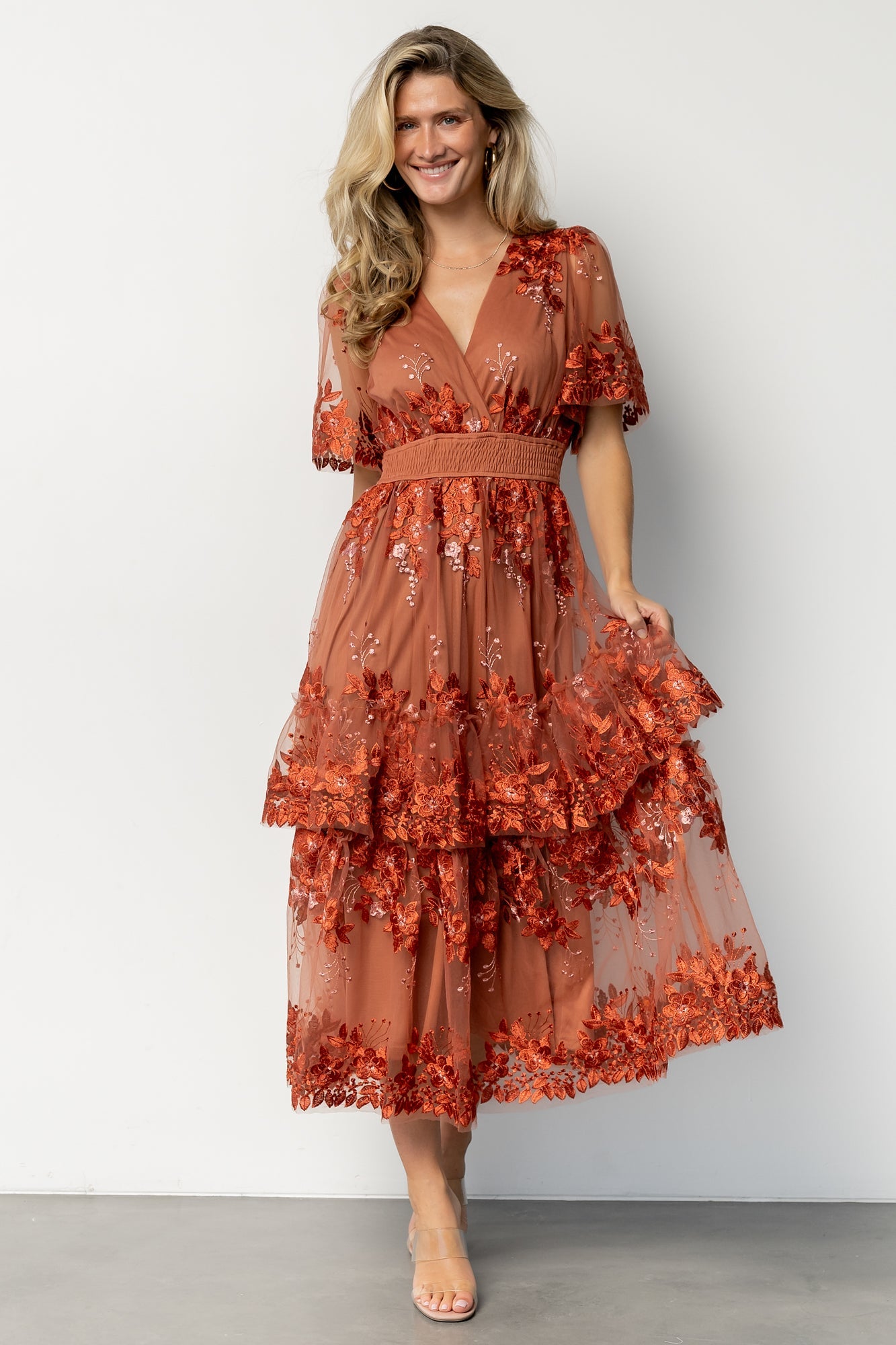 Lotte Embroidered Midi Dress | Rust