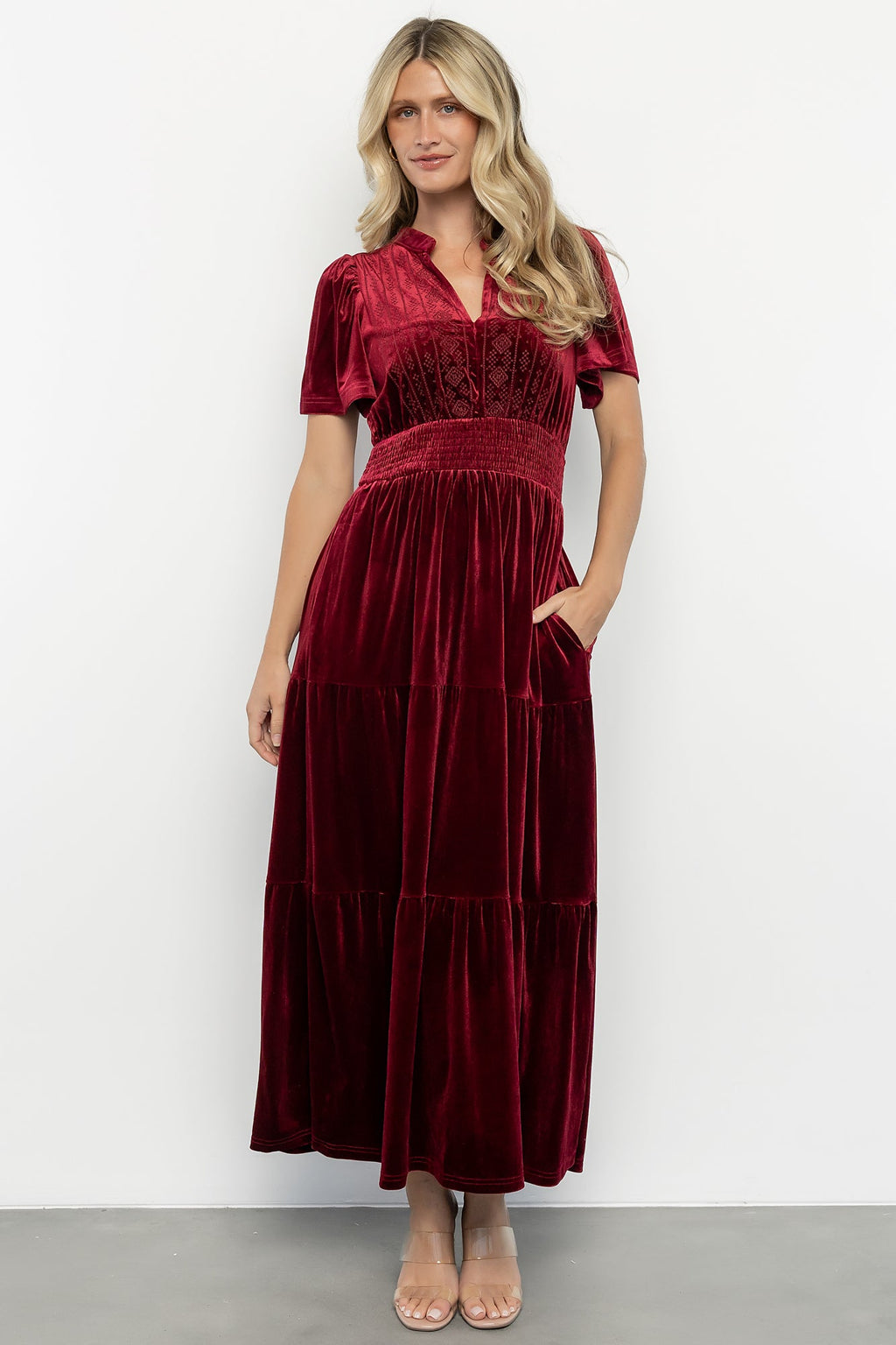 Maida Embroidered Velvet Dress | Cranberry