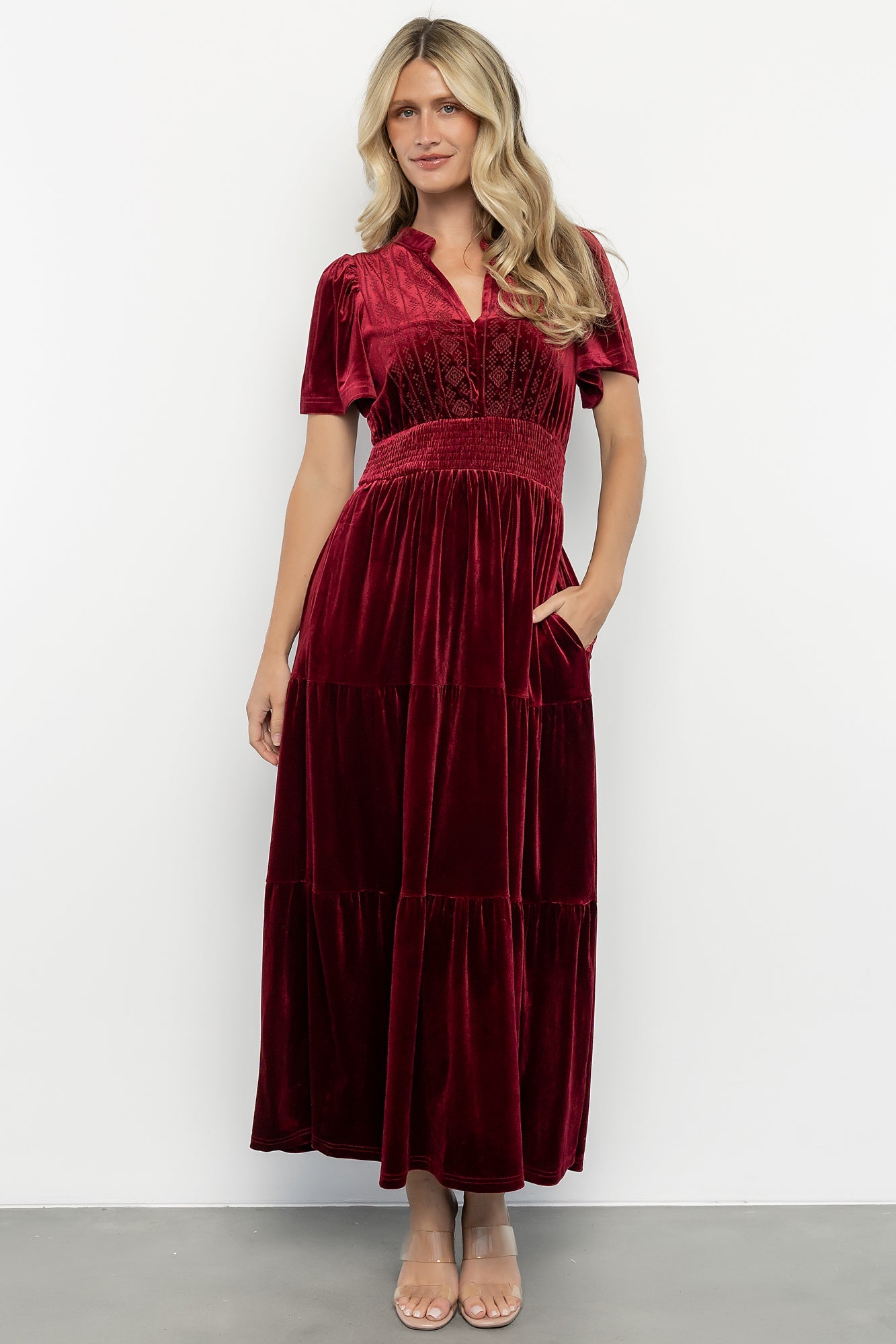 Maida Embroidered Velvet Dress | Cranberry