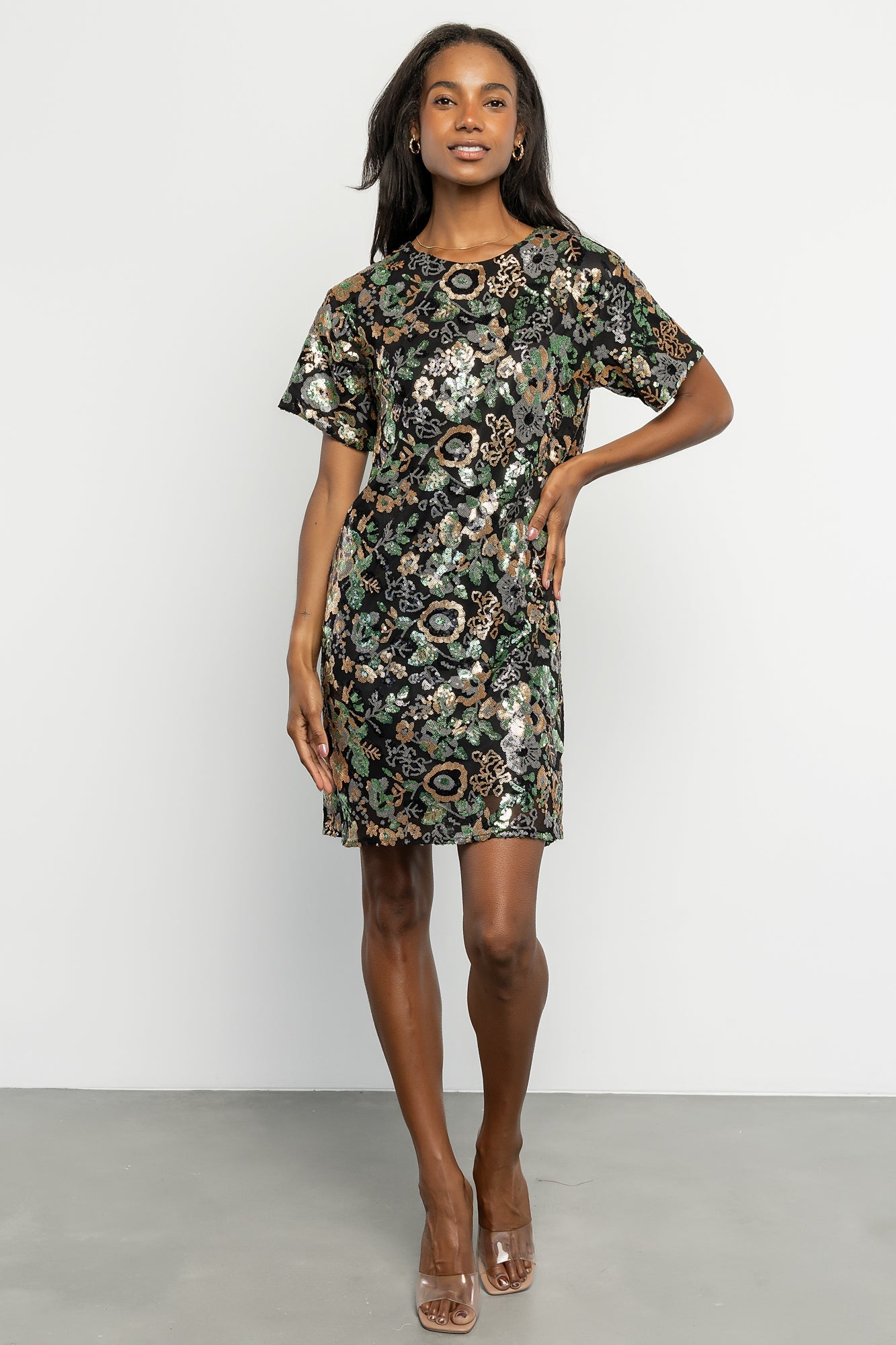 Squires Sequin Short Dress | Black + Green Multi