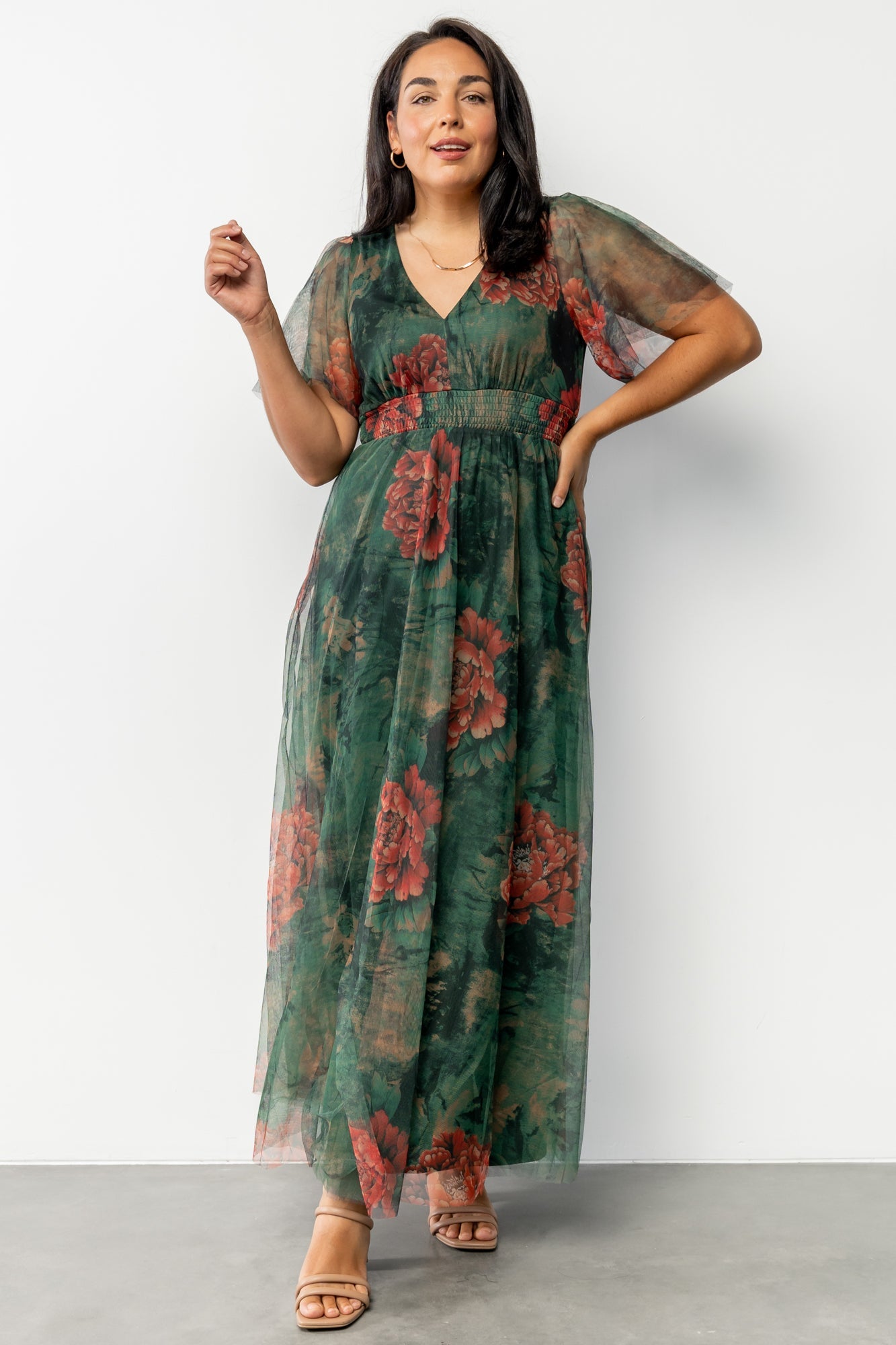 Cressida Tulle Maxi Dress | Dark Green + Red Floral