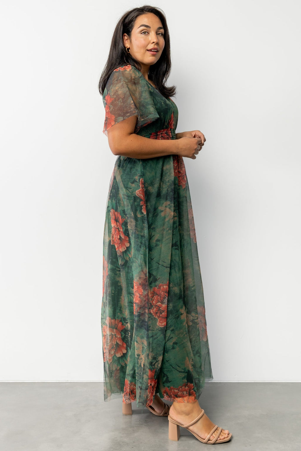 Cressida Tulle Maxi Dress | Dark Green + Red Floral