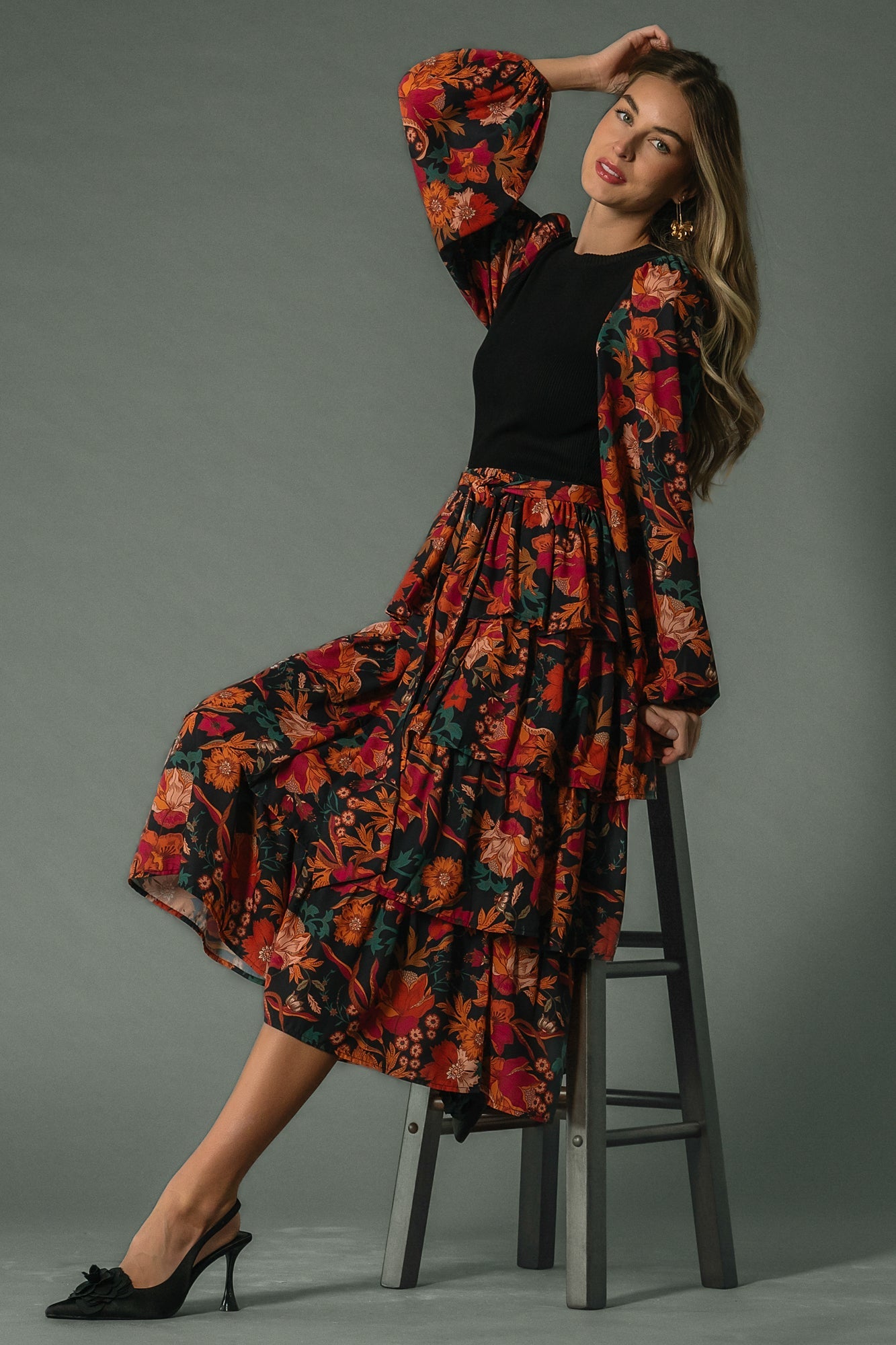 Sylvie Tiered Midi Dress | Black Multi