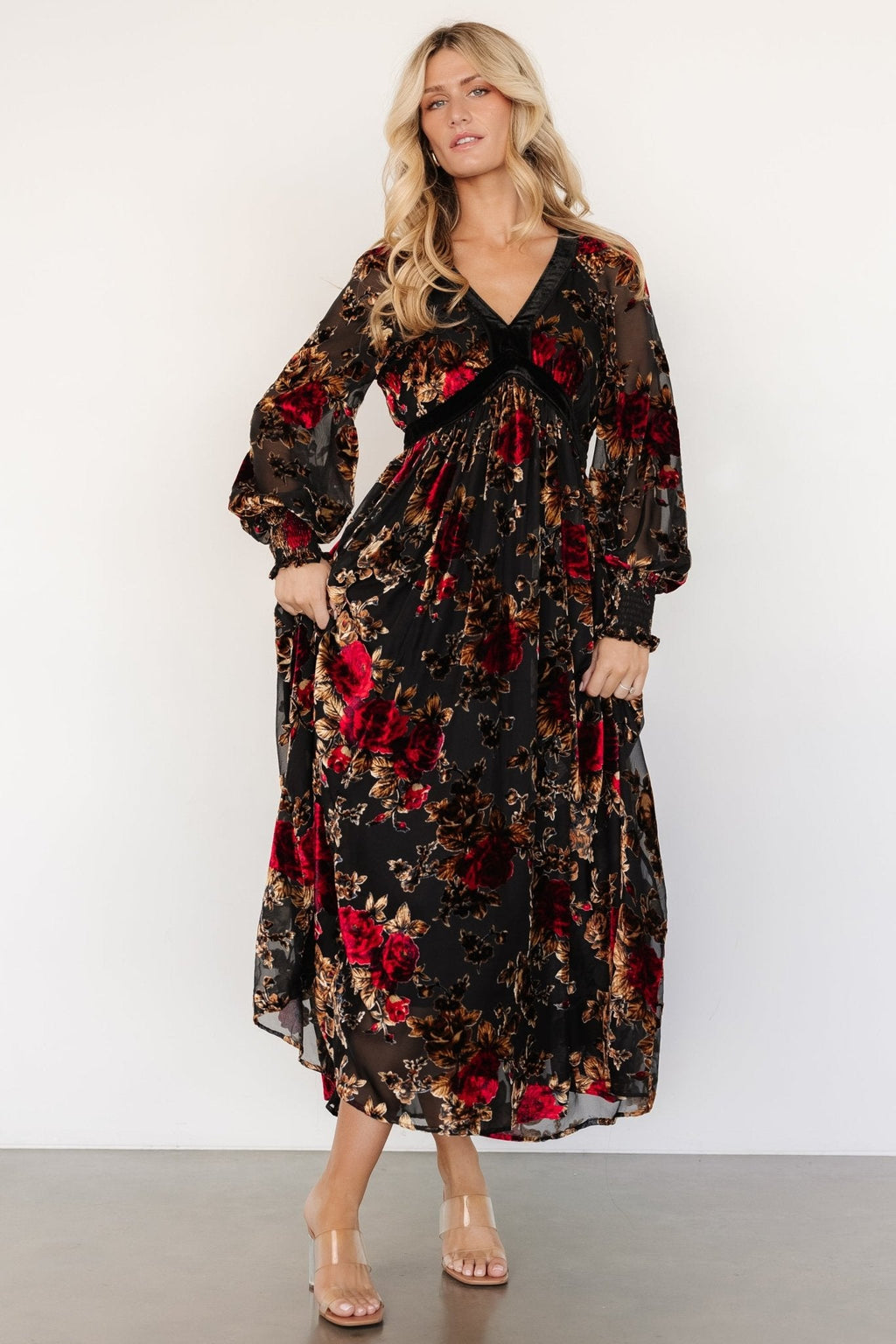 Adele Velvet Dress | Black + Rose Floral