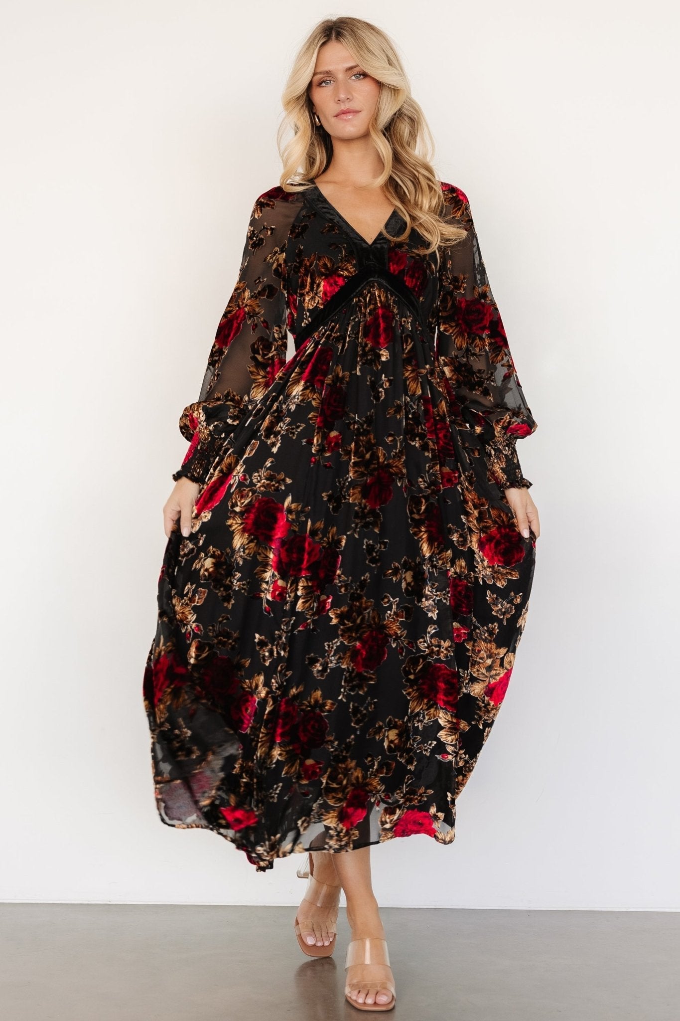 Adele Velvet Dress | Black + Rose Floral