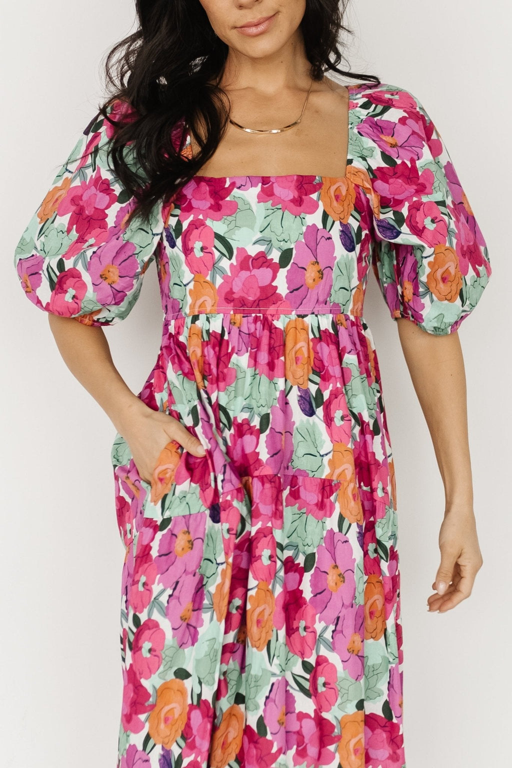 Aimee Puff Sleeve Midi Dress | Pink Multi