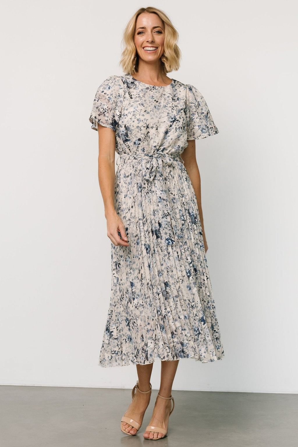 Alexandra Pleated Dress | Off White + Blue