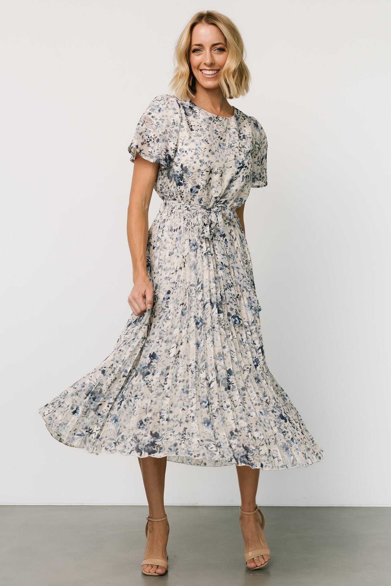 Alexandra Pleated Dress | Off White + Blue