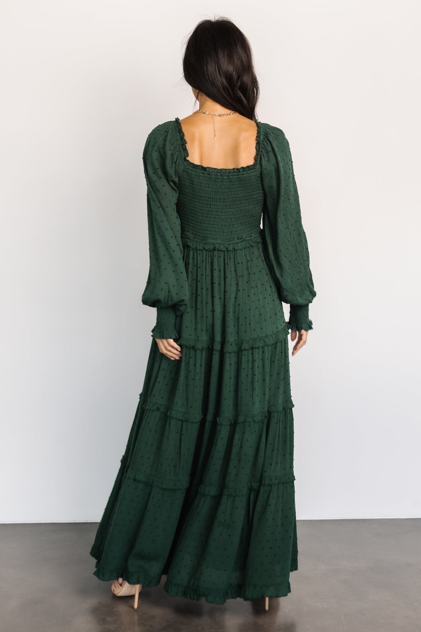 Amanda Smocked Dotted Maxi Dress | Evergreen
