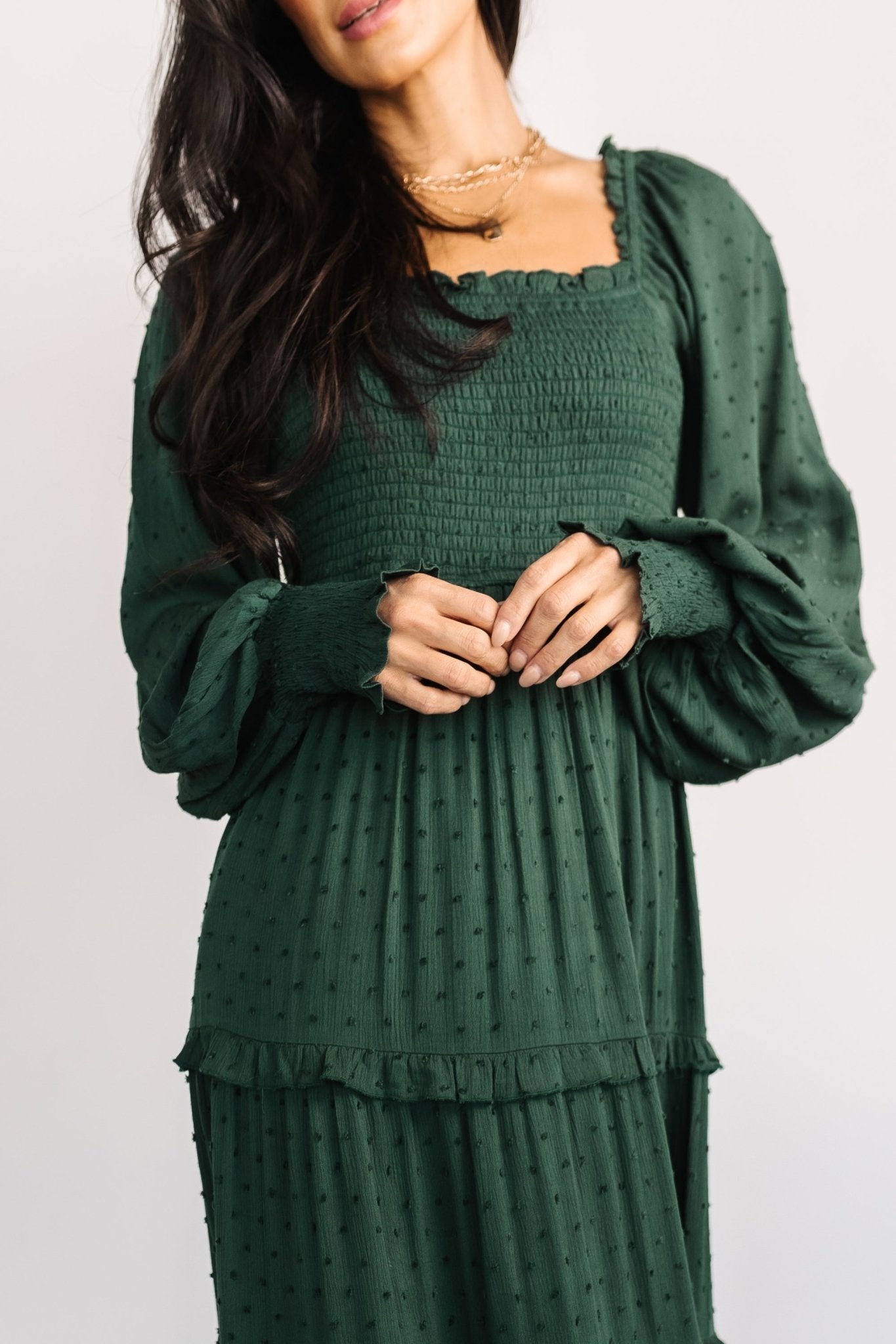 Amanda Smocked Dotted Maxi Dress | Evergreen