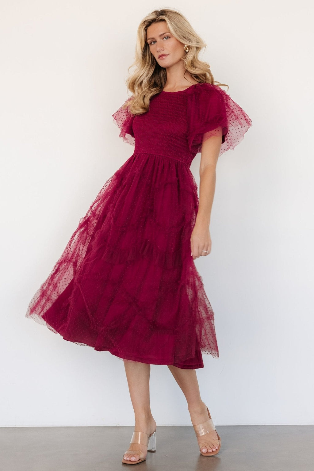 Ambrose Dotted Tulle Midi Dress | Burgundy