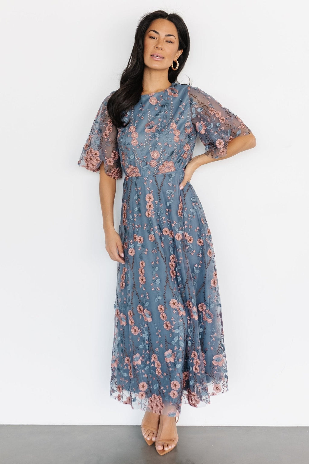 Arabella Embroidered Tulle Maxi Dress | Blue + Pink
