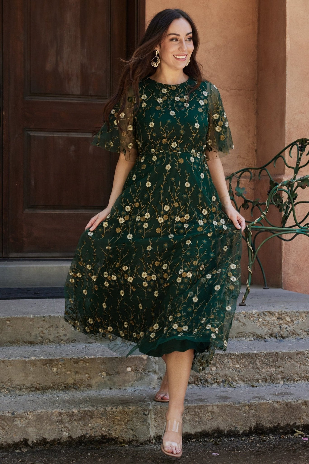 Arabella Embroidered Tulle Maxi Dress | Dark Green Floral