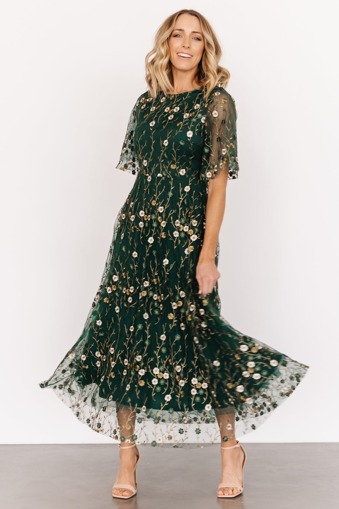 Arabella Embroidered Tulle Maxi Dress | Dark Green Floral