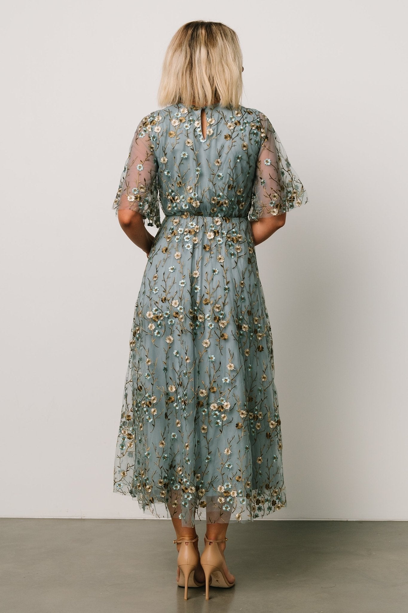 Arabella Embroidered Tulle Maxi Dress | Dusty Blue Floral