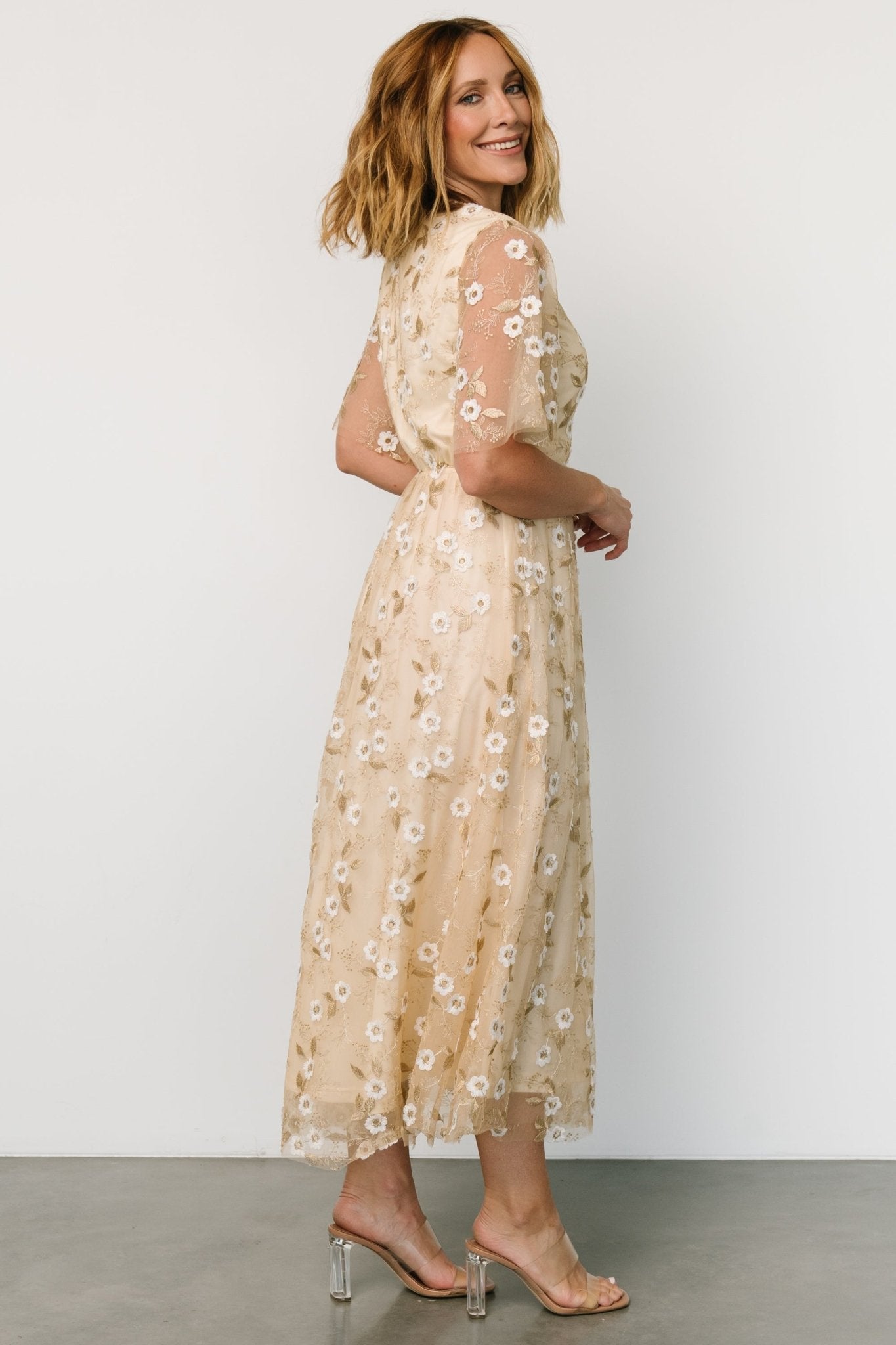 Arabella Embroidered Tulle Maxi Dress | Gold + White