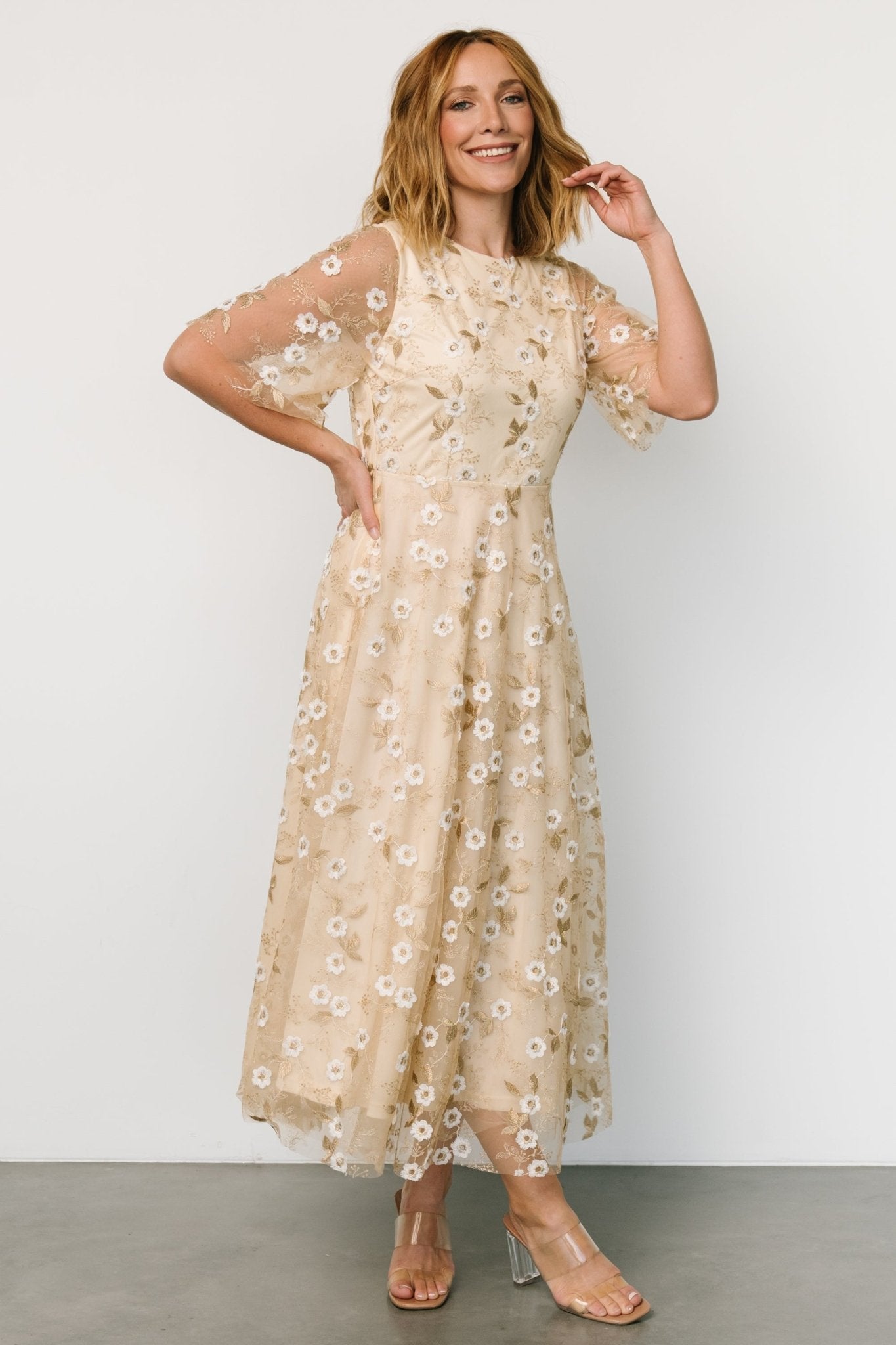Arabella Embroidered Tulle Maxi Dress | Gold + White