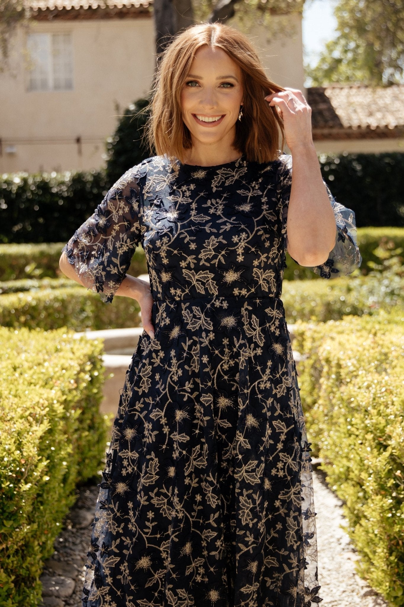 Arabella Embroidered Tulle Maxi Dress | Navy + Gold