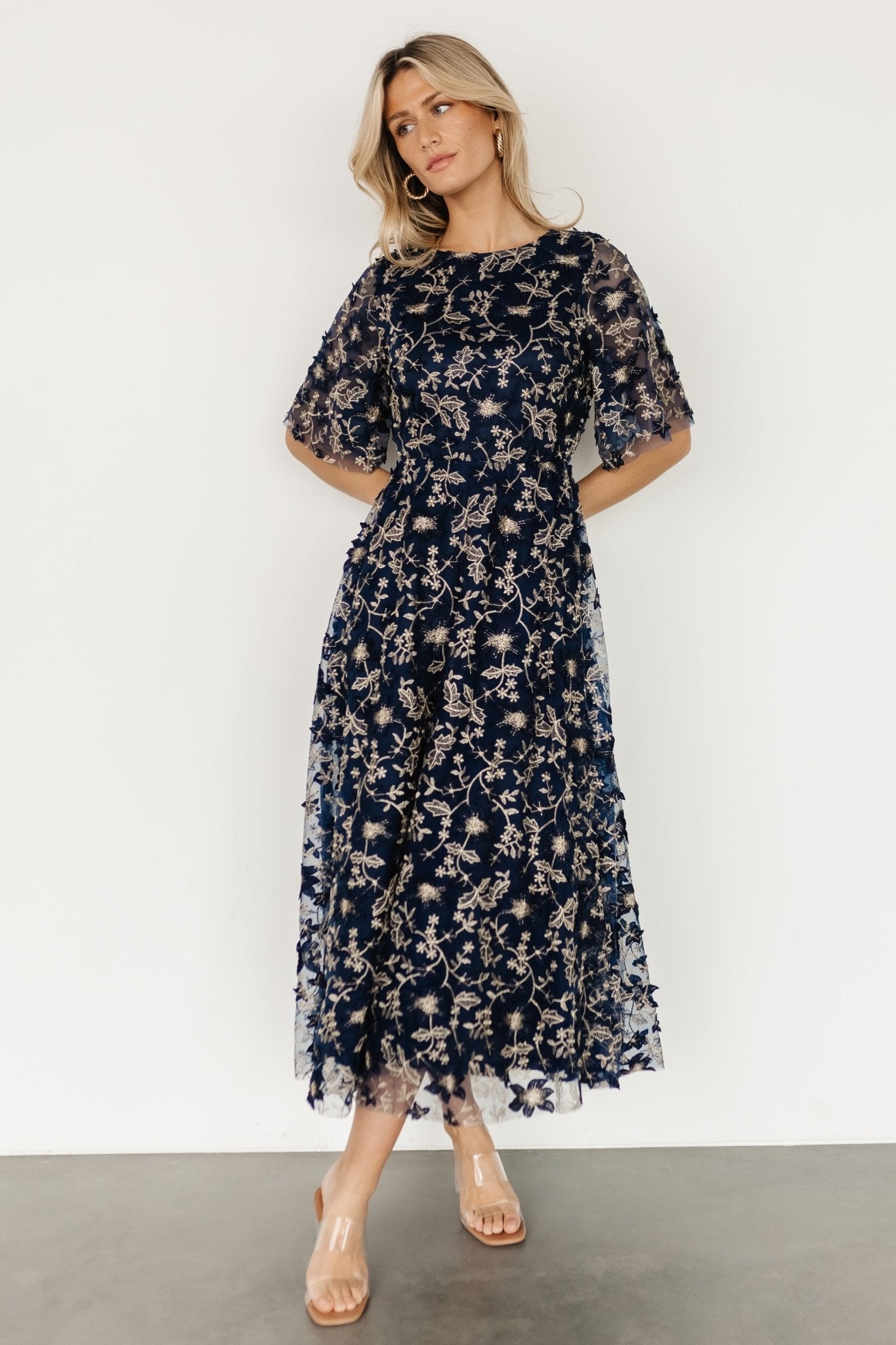 Arabella Embroidered Tulle Maxi Dress | Navy + Gold