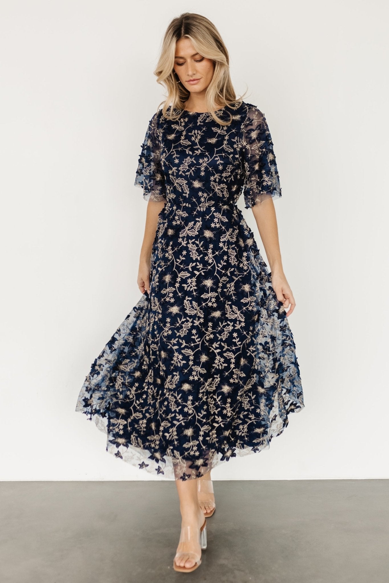 Arabella Embroidered Tulle Maxi Dress | Navy + Gold