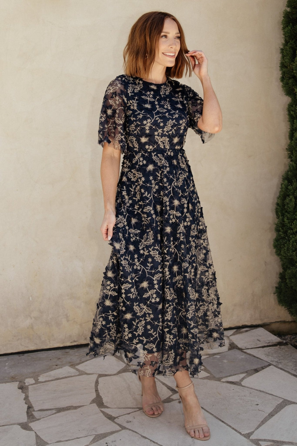 Arabella Embroidered Tulle Maxi Dress | Navy + Gold