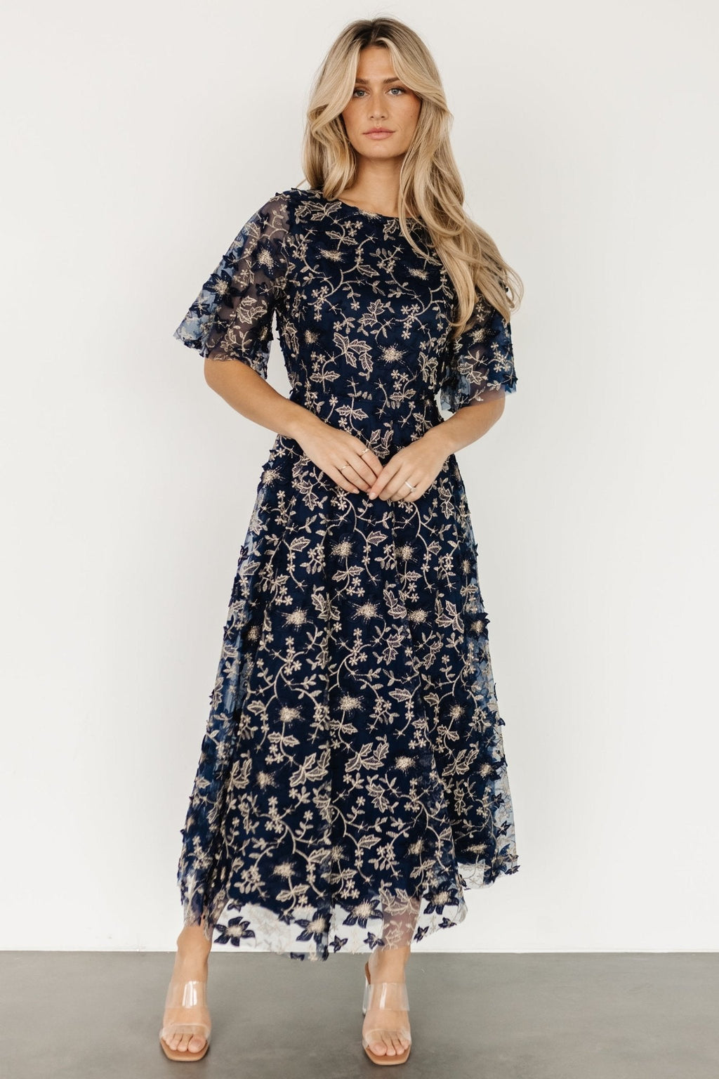 Arabella Embroidered Tulle Maxi Dress | Navy + Gold