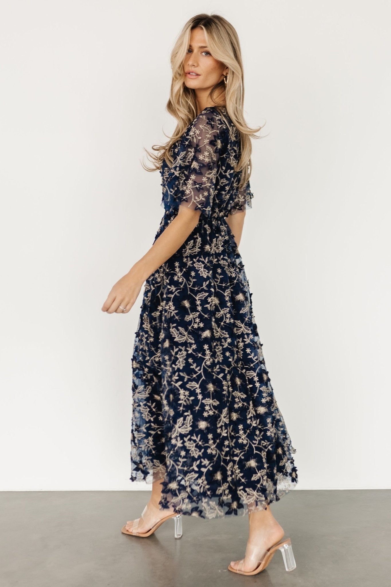 Arabella Embroidered Tulle Maxi Dress | Navy + Gold