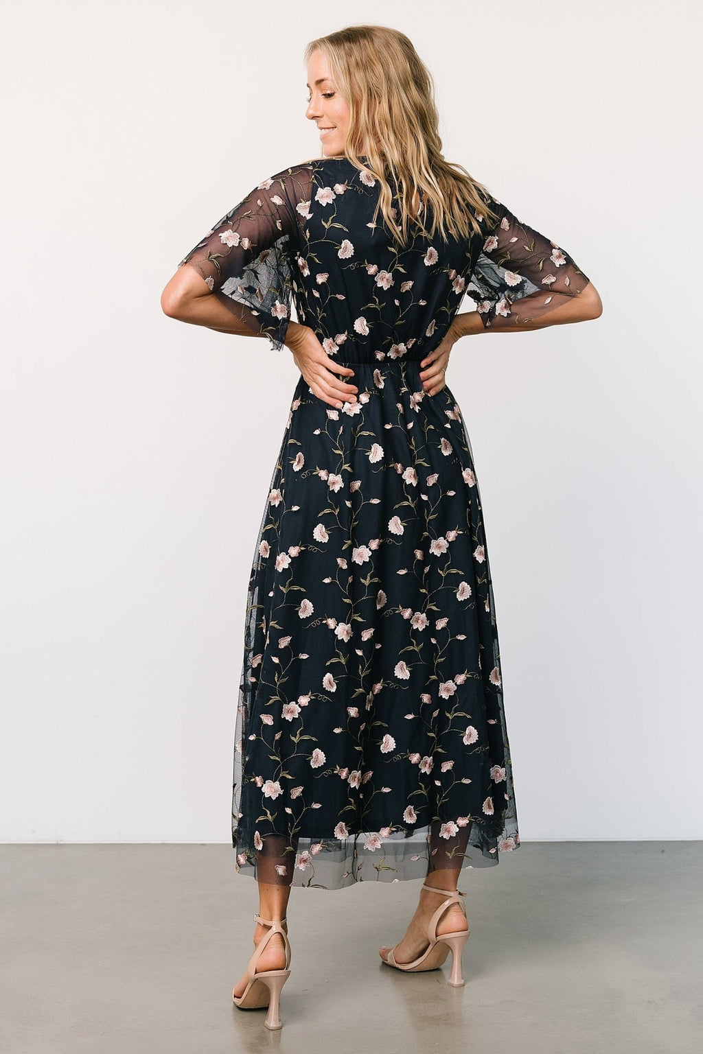 Arabella Embroidered Tulle Maxi Dress | Pink + Navy