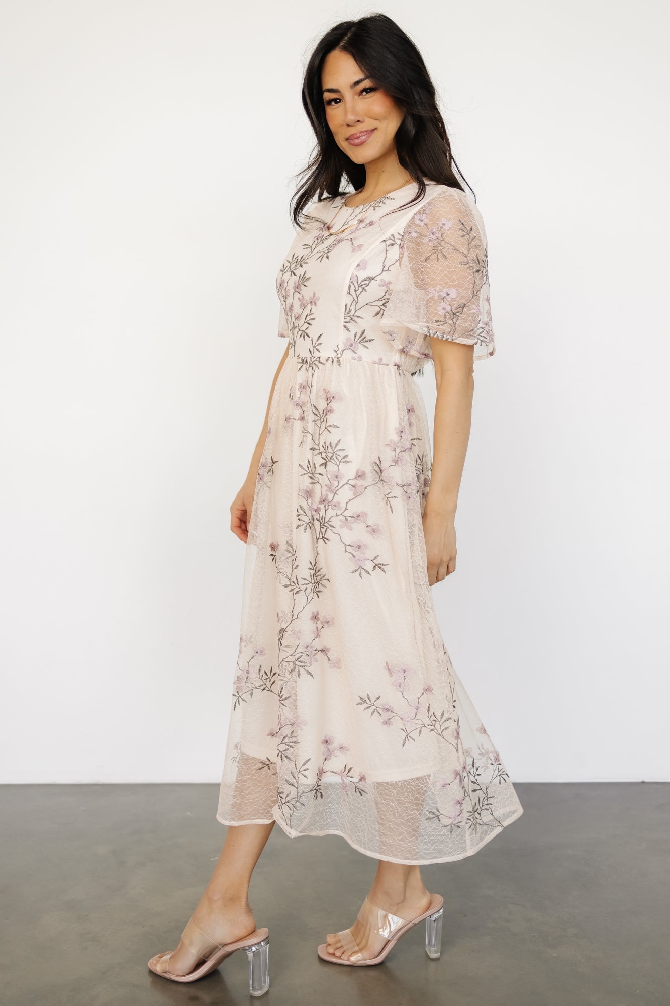 Ashlee Embroidered Midi Dress | Cream + Lavender Floral