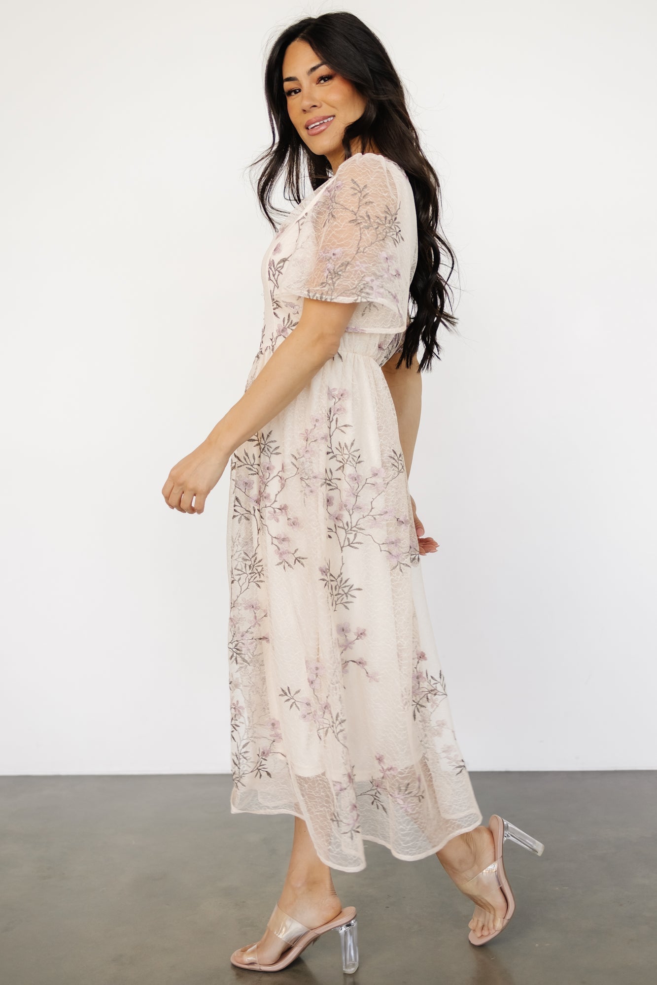 Ashlee Embroidered Midi Dress | Cream + Lavender Floral