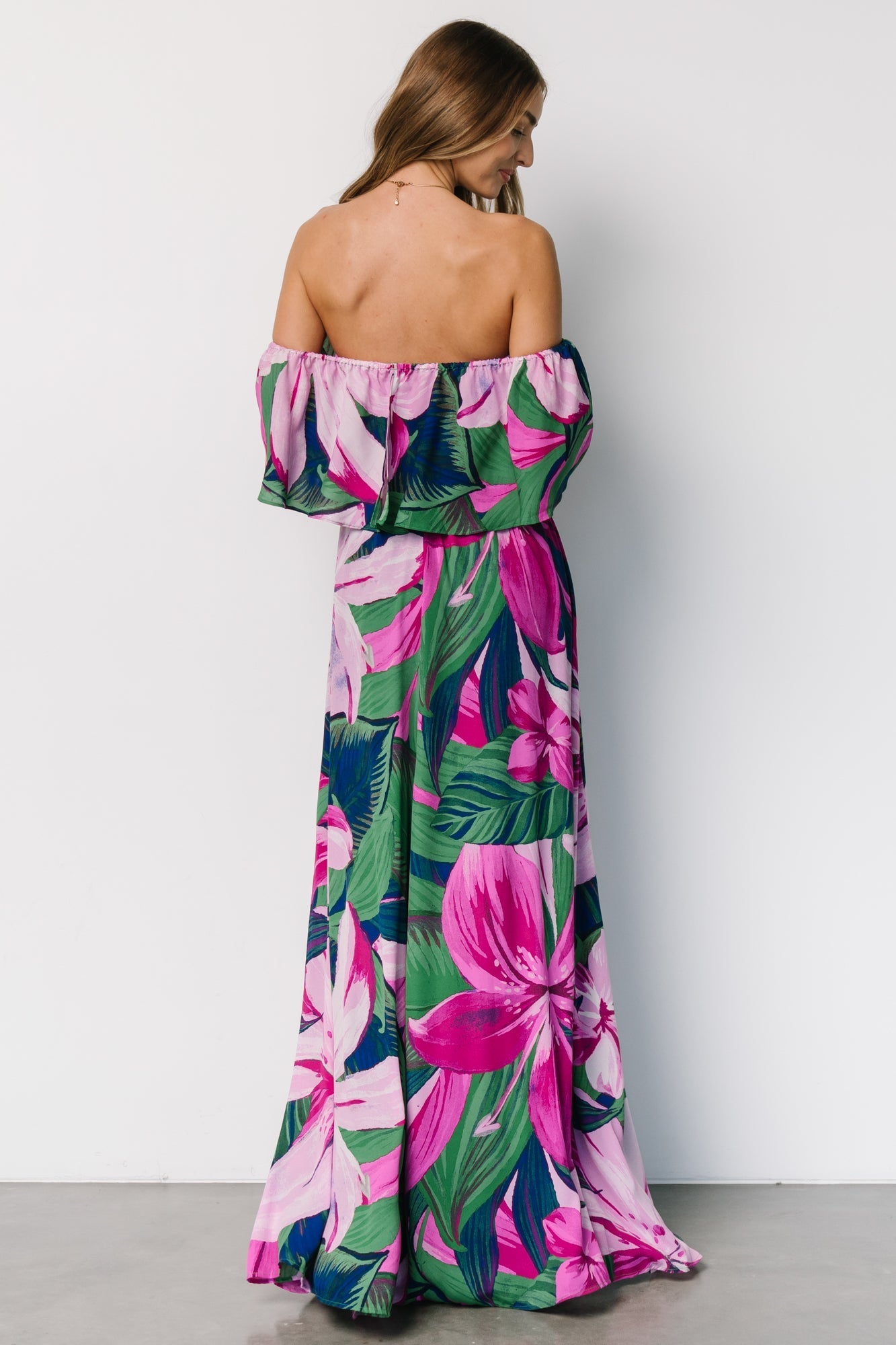 Azalea Off Shoulder Maxi Dress | Green + Fuchsia Floral