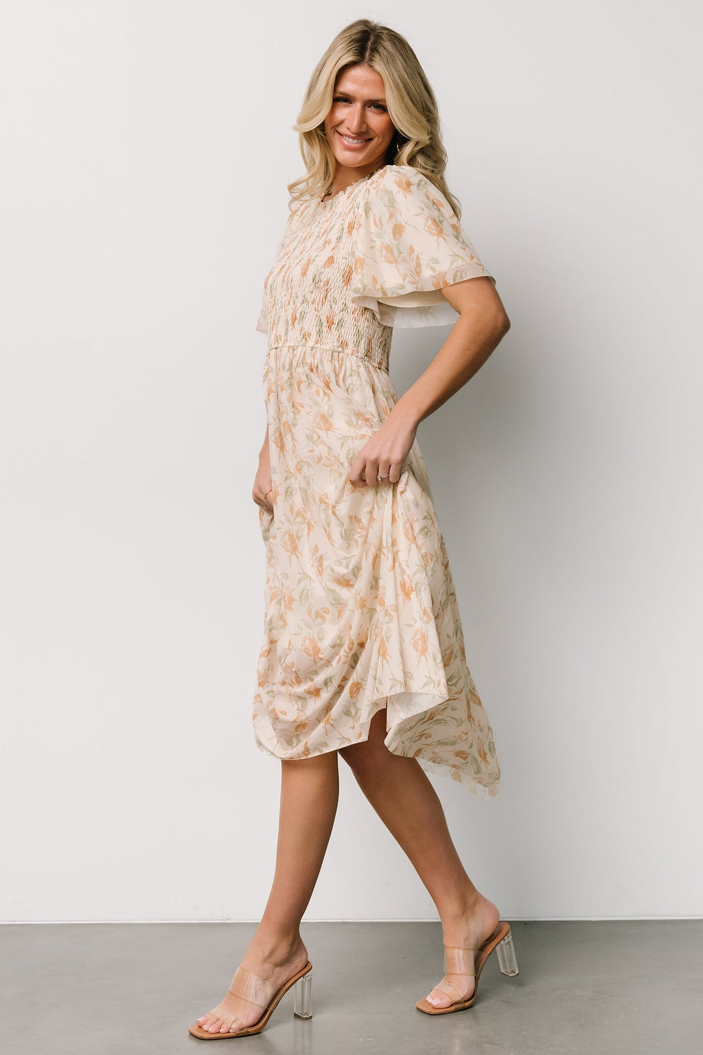 Bailey Smocked Midi Dress | Ivory + Golden Floral