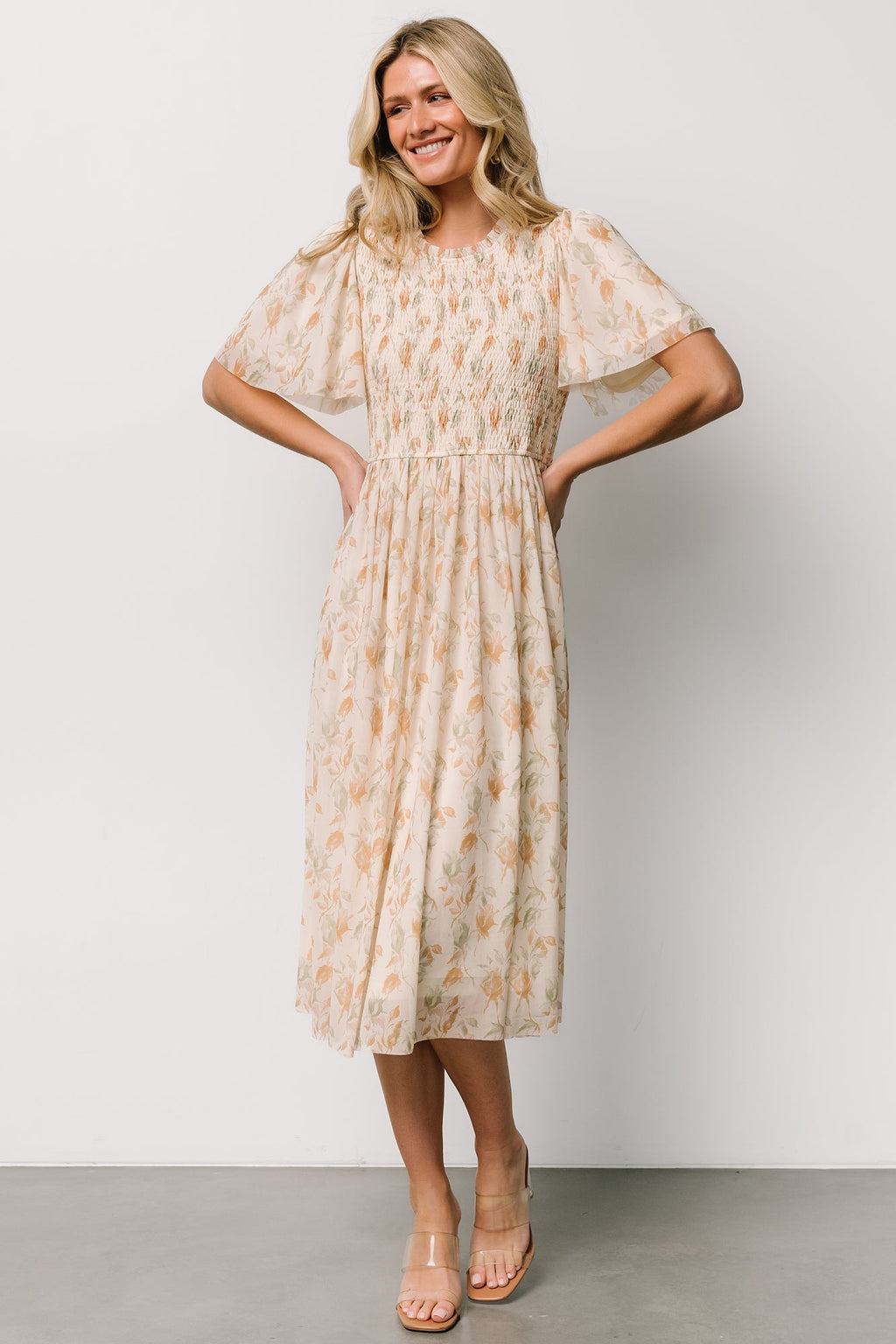 Bailey Smocked Midi Dress | Ivory + Golden Floral